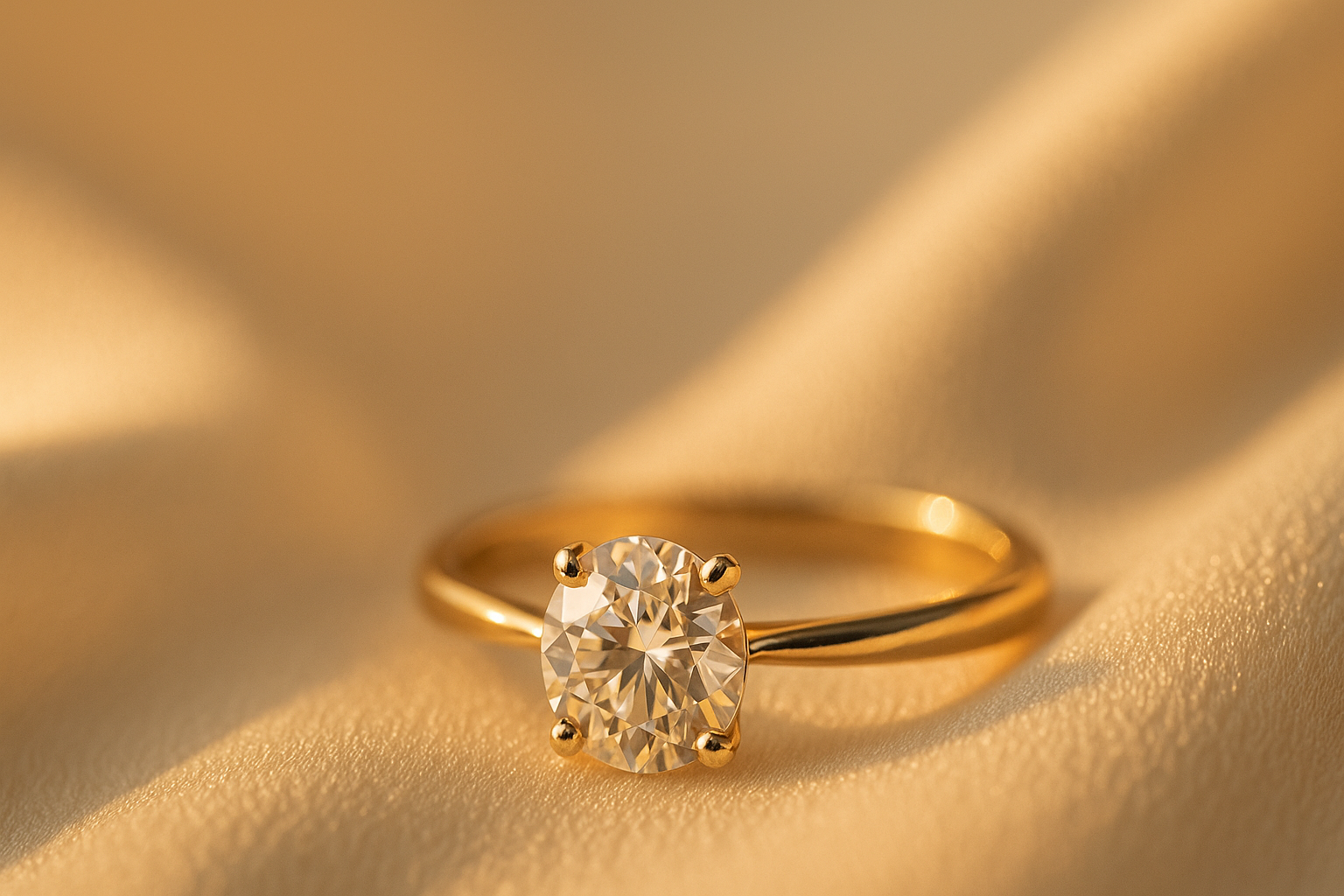 A solitaire diamond ring resting on ivory silk in warm golden-hour light