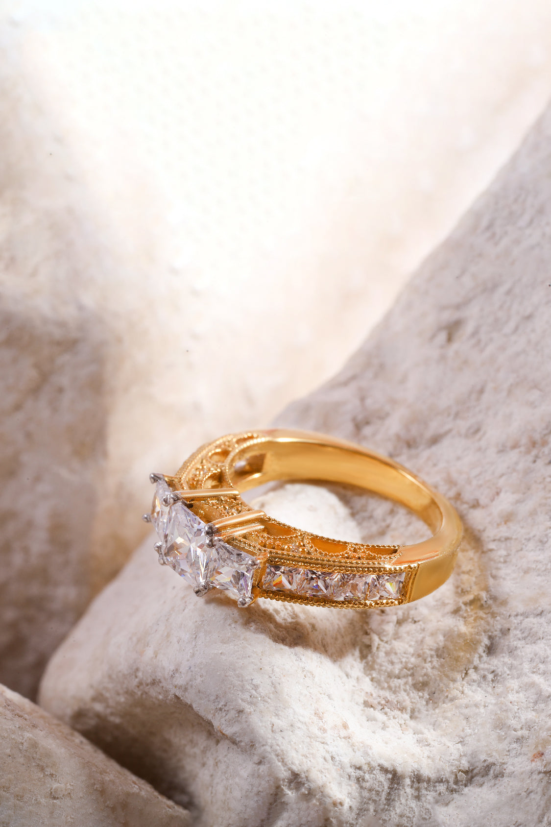 Mariana Trilogy Round Brilliant Solitaire Ring with 2 x 1/4 Carat Round Side Stones