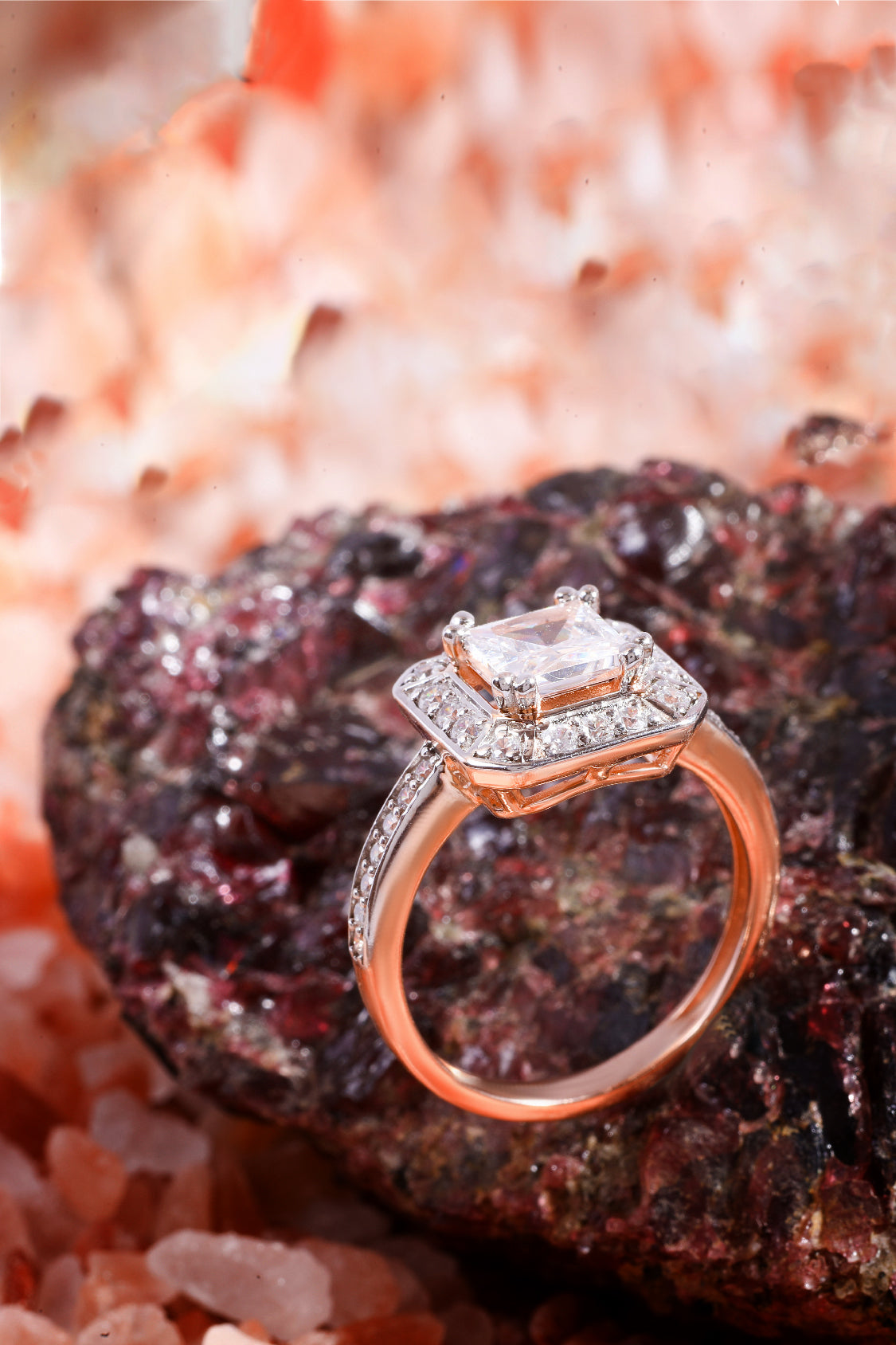 Rosalinda with Princess Solitaire and Halo on a Pave Ring