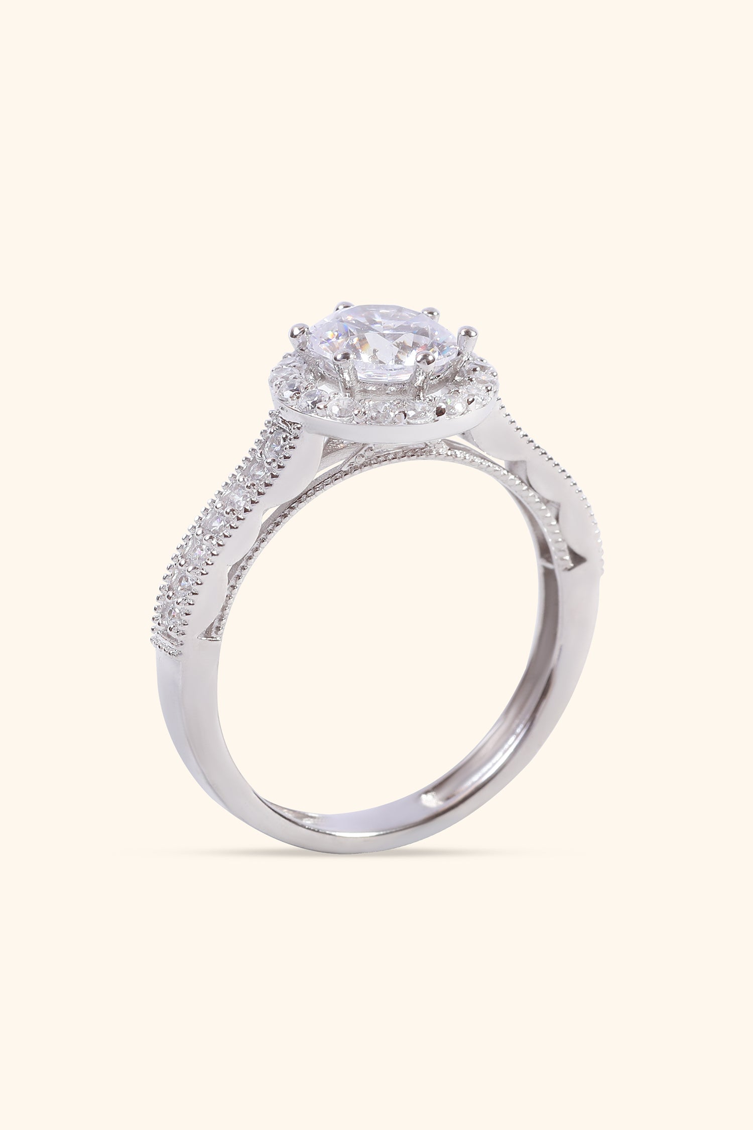 Gabriela with Round Brilliant Solitaire with Halo and Pavé Band