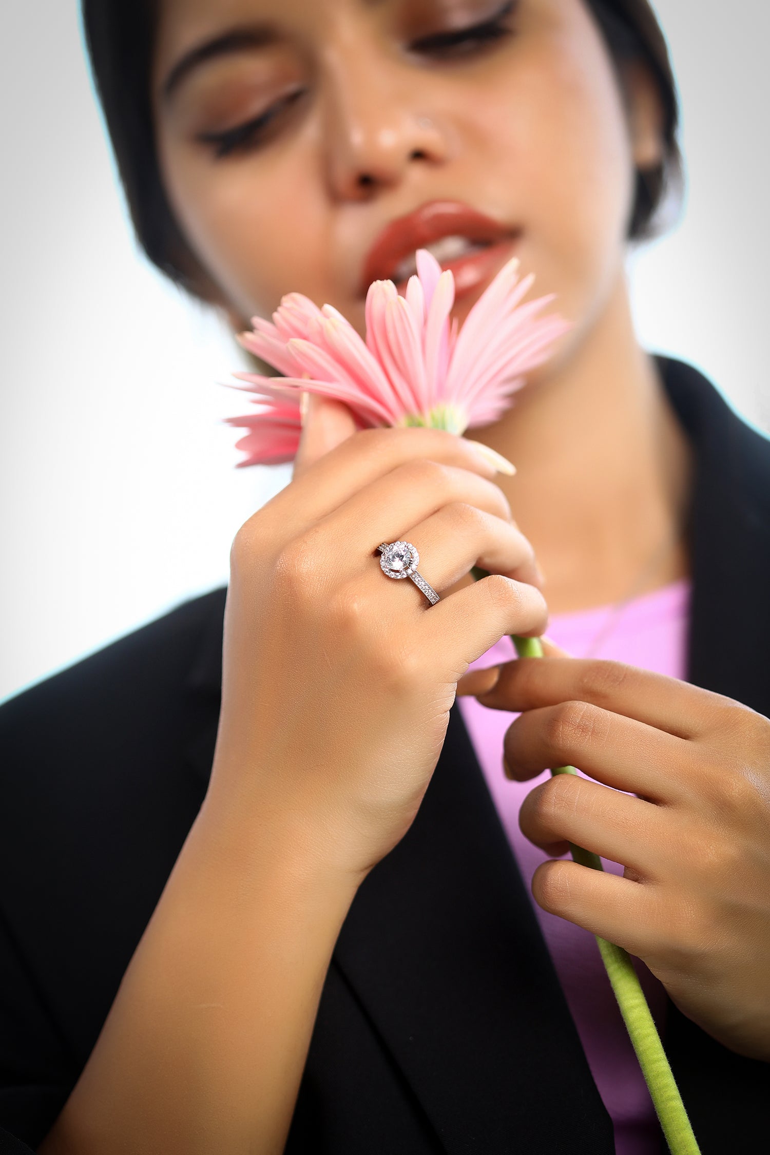 Gabriela with Round Brilliant Solitaire with Halo and Pavé Band