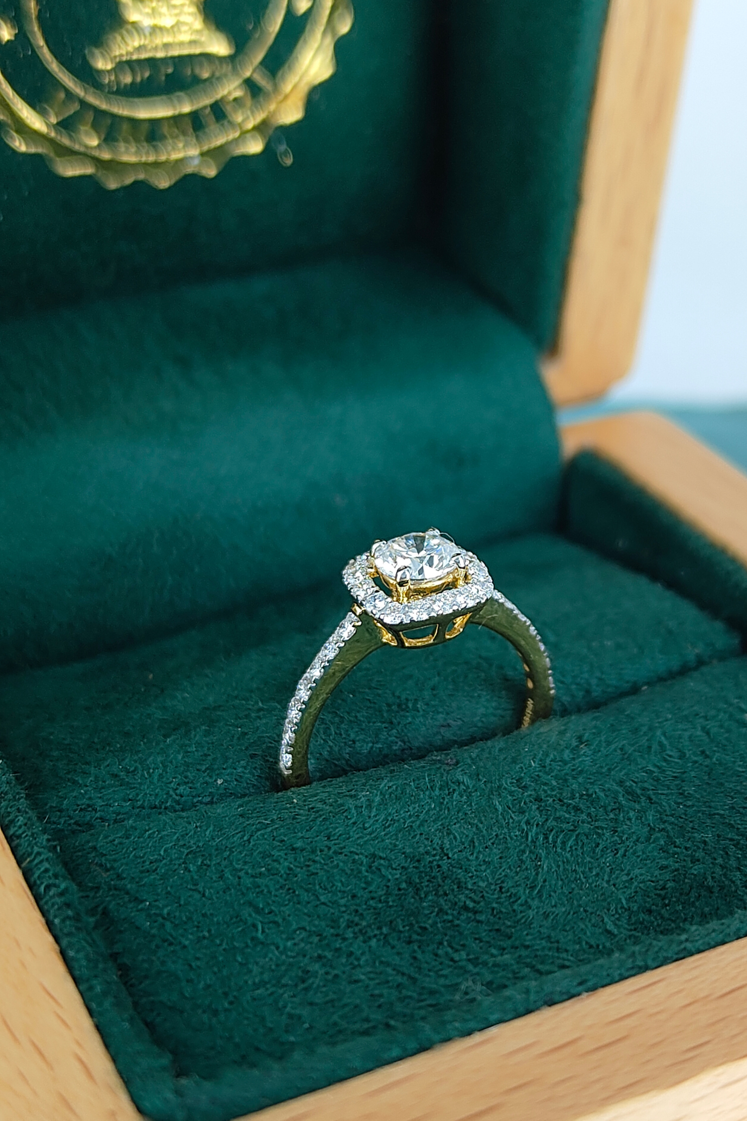 Rosalinda with Round Brilliant Solitaire and Halo on a Pave Ring