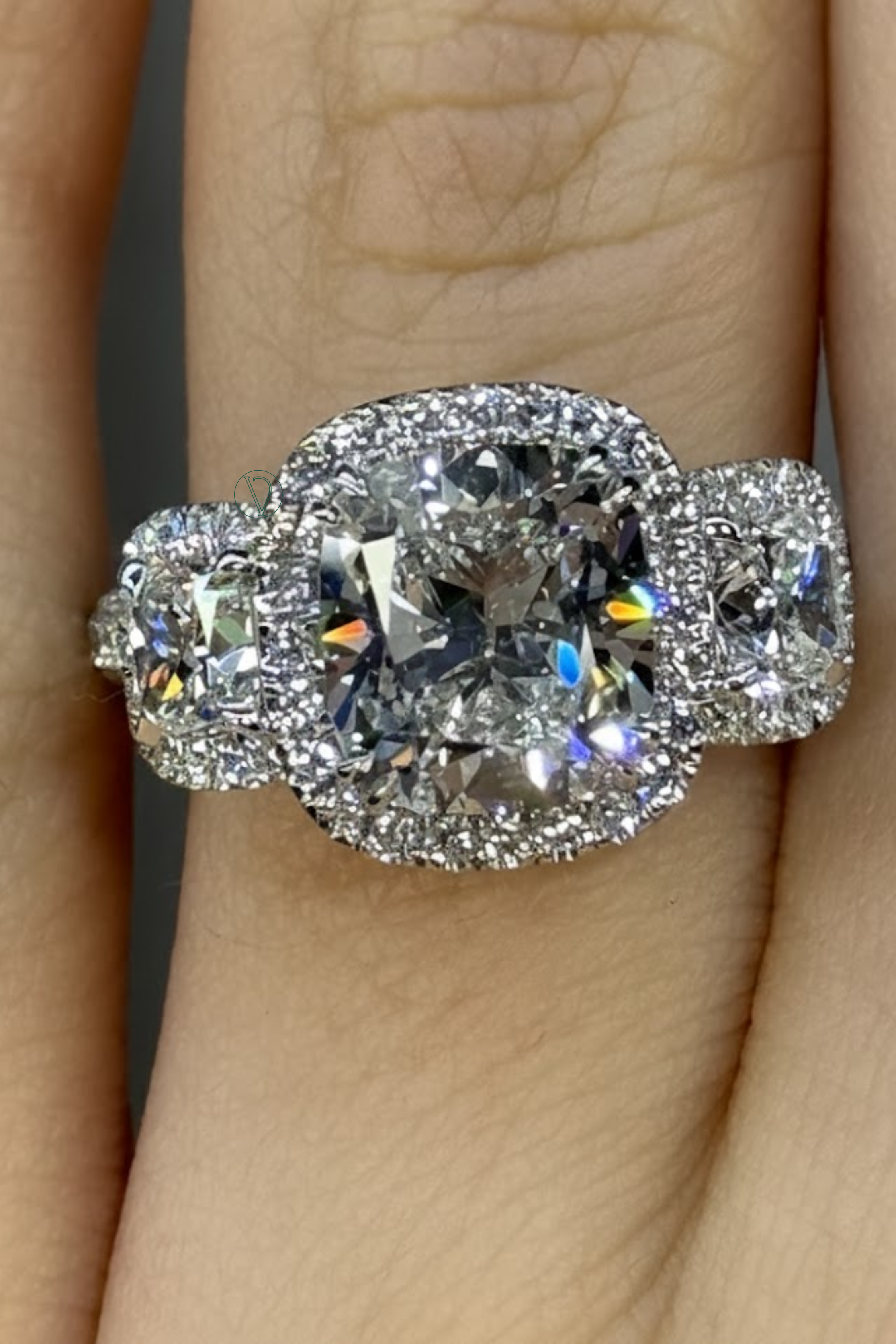 Felicia Three Stone Halo Ring