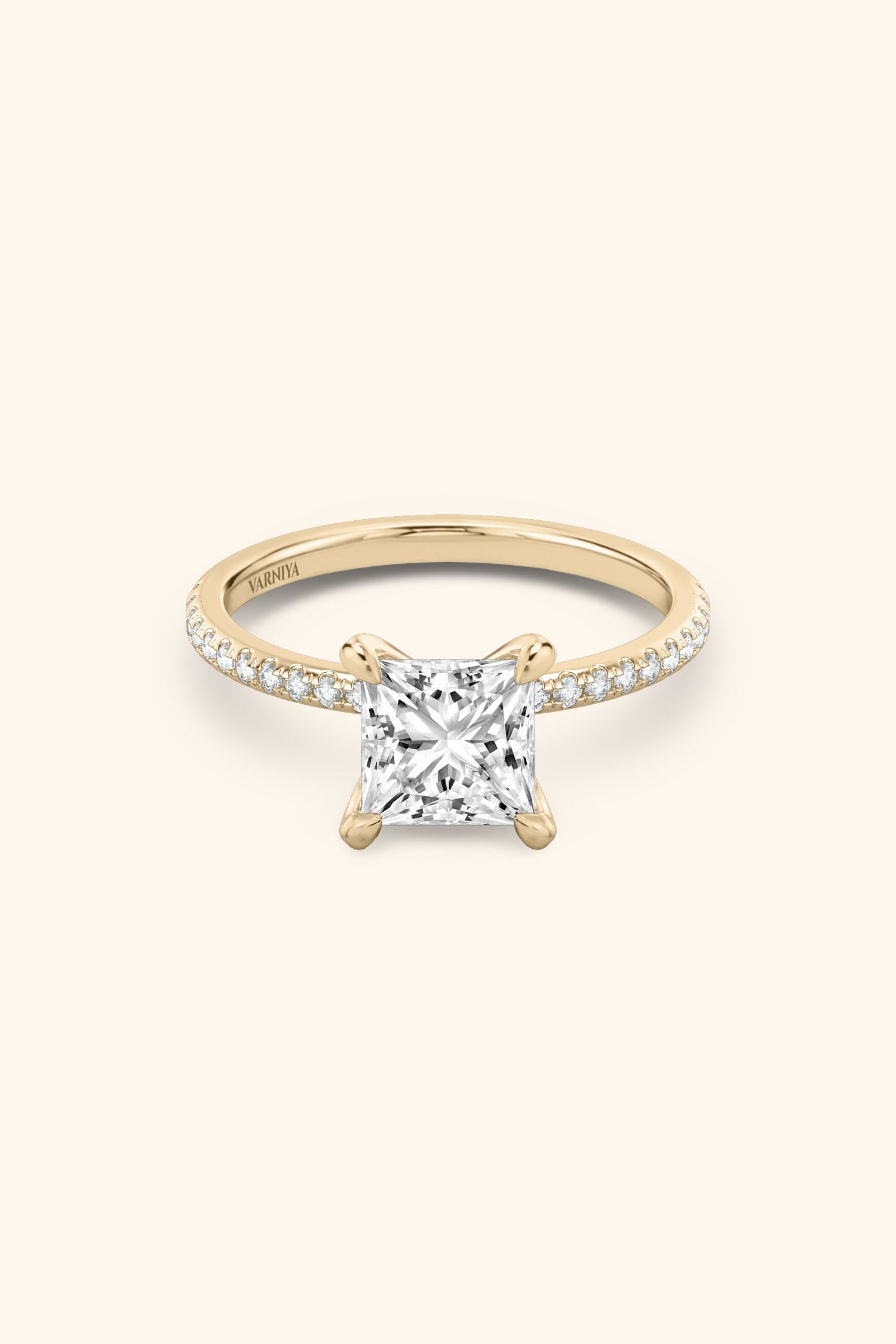 4 Prong Classic Grace Princess Solitaire Pavé Ring