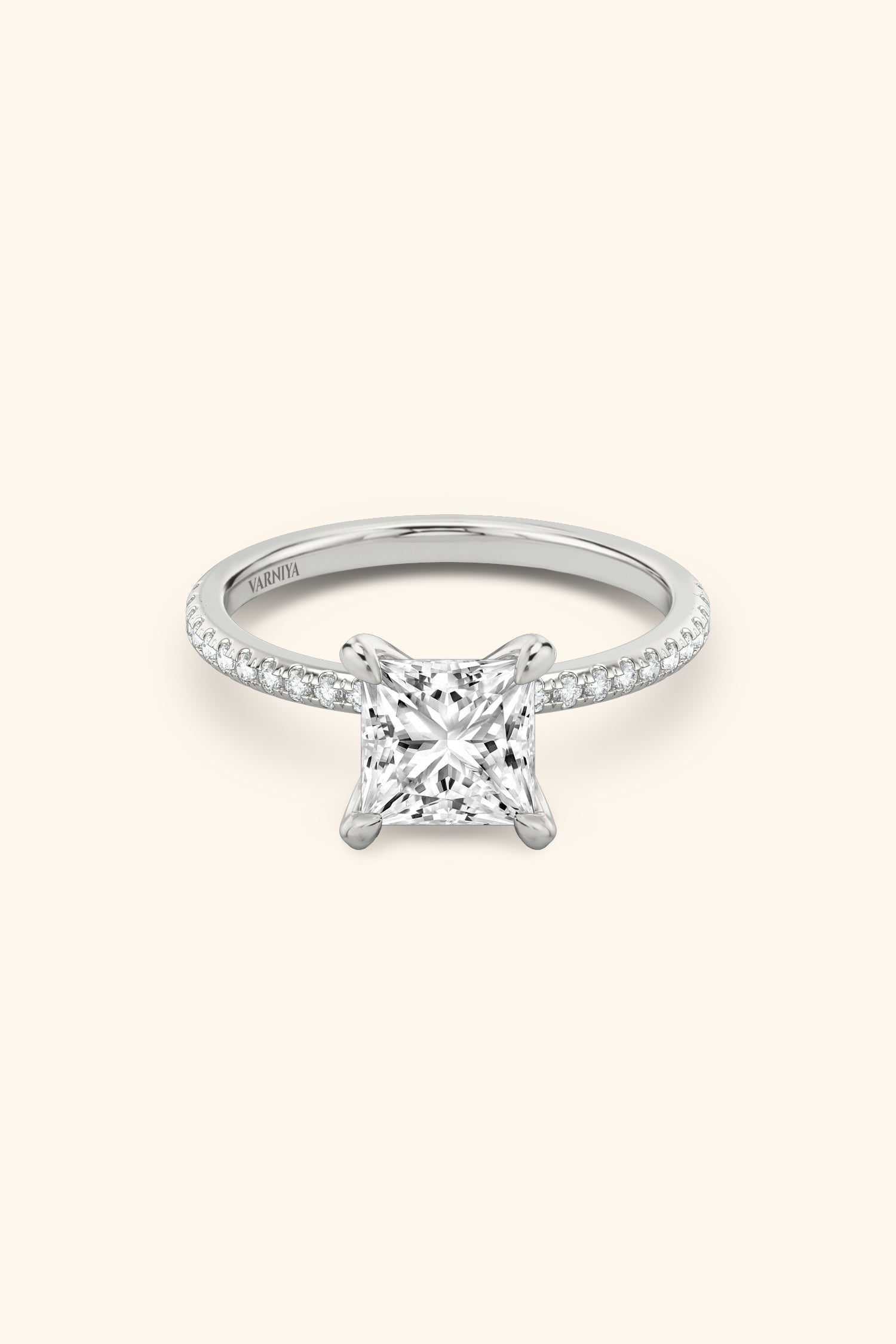 4 Prong Classic Grace Princess Solitaire Pavé Ring