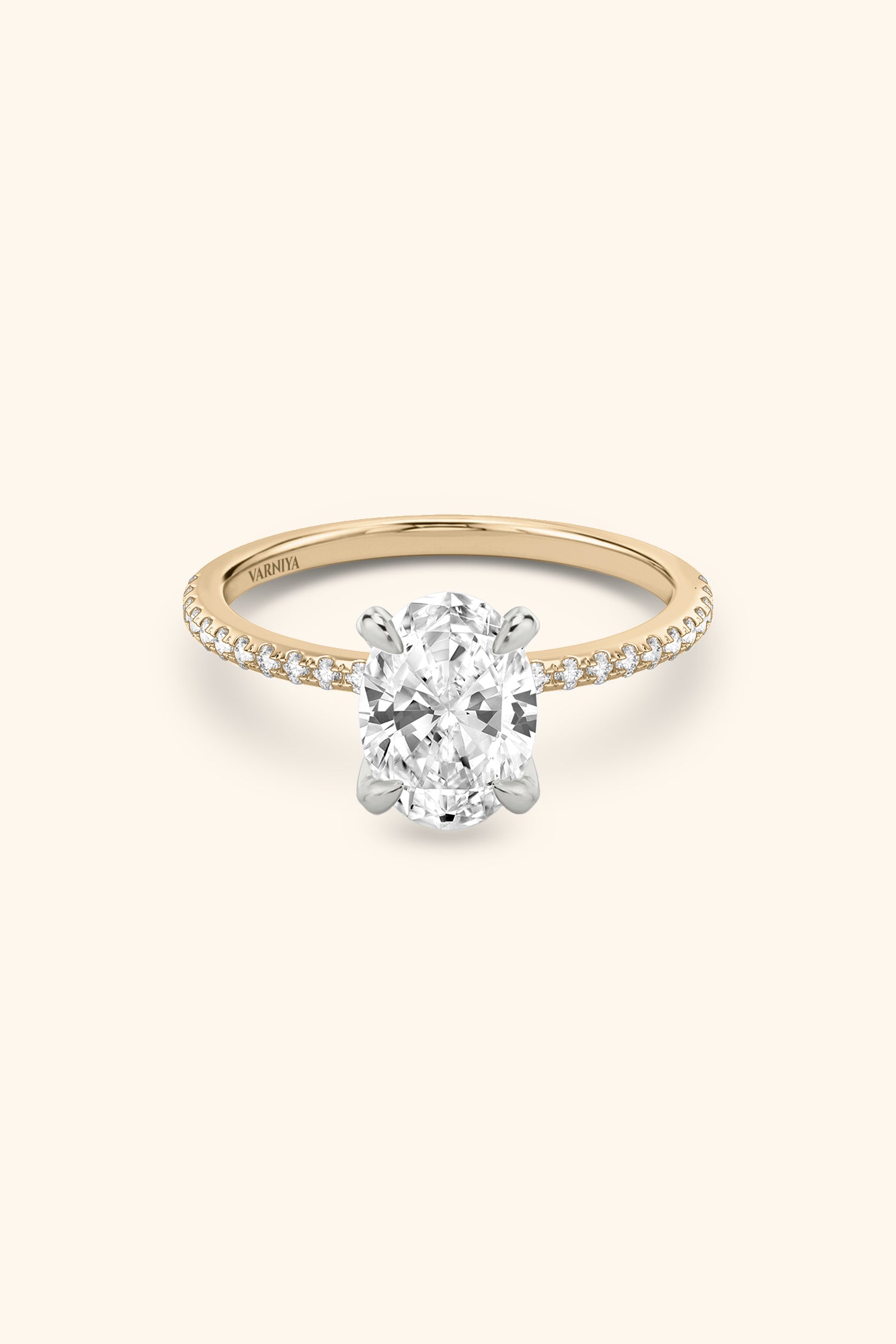 Dual Tone Glance Pavé Ring with 3 Carat Oval Solitaire