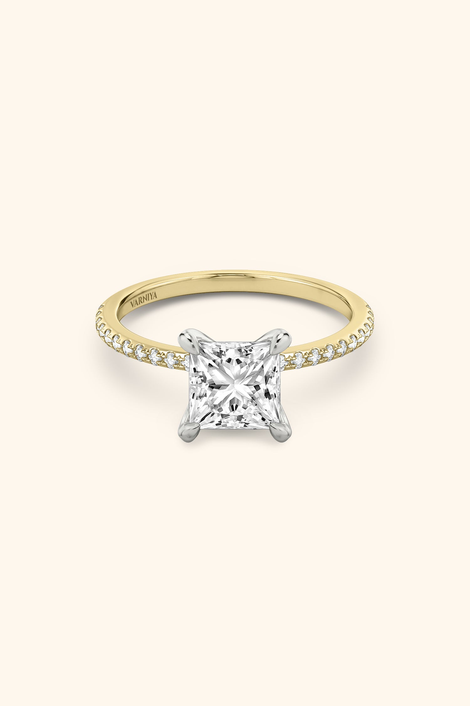 Dual Tone Glance Pavé Ring with 4 Carat Princess Solitaire Value