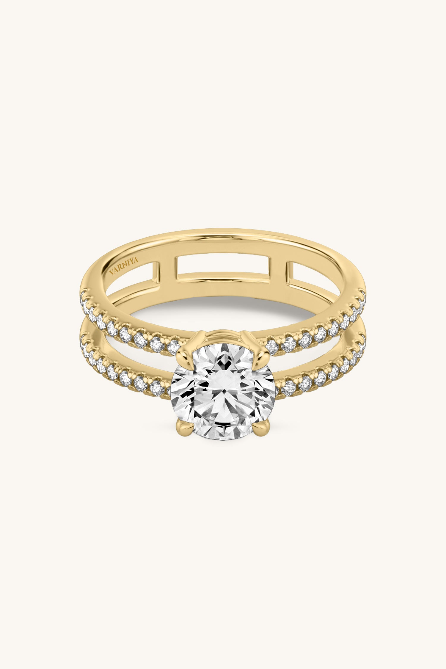 Bicephal Round Solitaire Pavé Ring