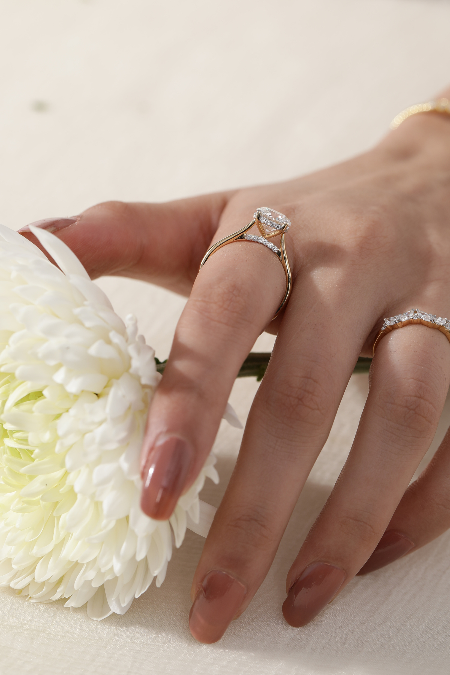 2.07 Ct Kathe Round Brilliant Solitaire Ring with Pave Bridge in Ring Size 16