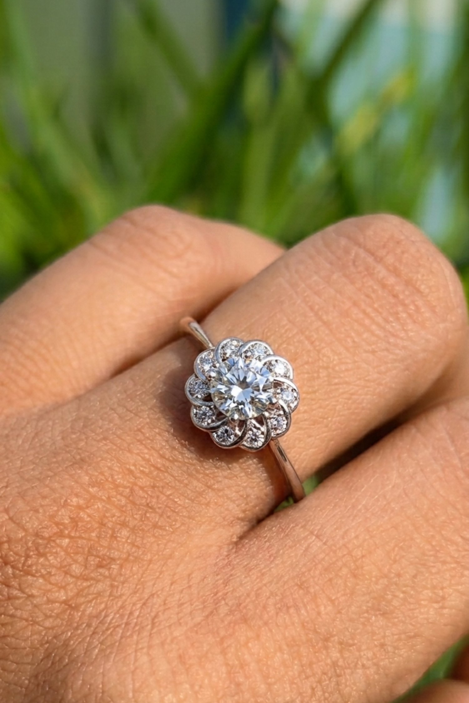 0.55 Ct Vintage Lace Halo Round Brilliant Solitaire Ring in Ring Size 12