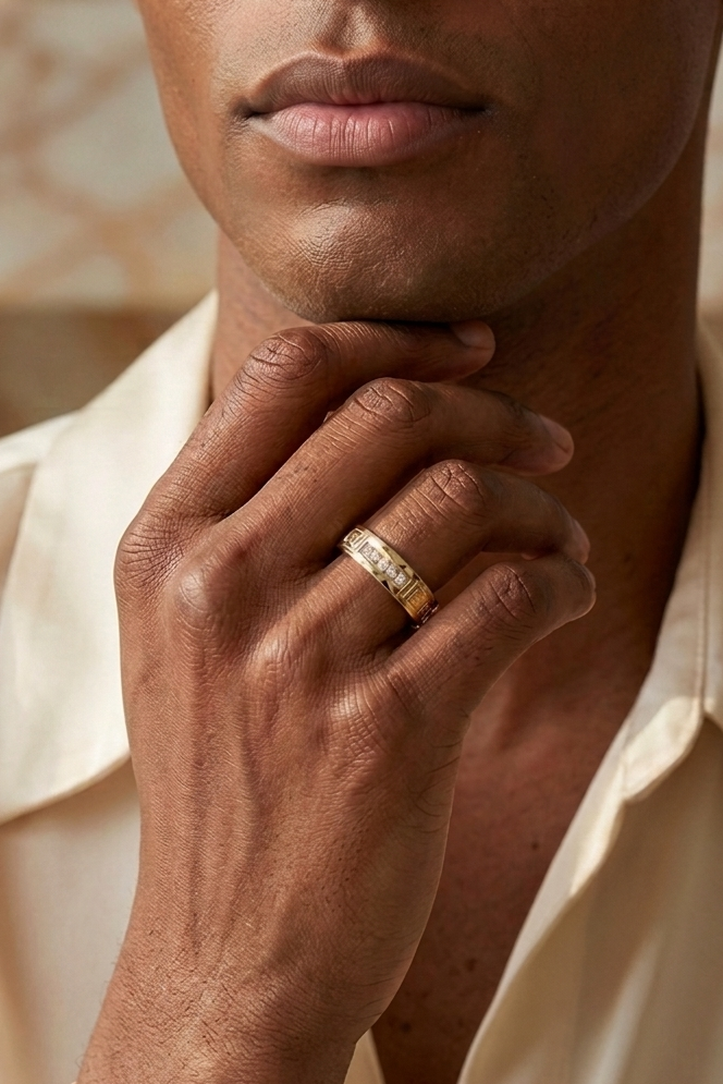 A close-up lifestyle shot of a man wearing a textured gold band ring on his ring finger, dressed in a cream-colored satin shirt.