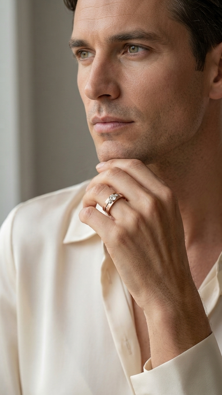 A close-up lifestyle shot of a man wearing a cream satin shirt and a silver band ring with clear stones on his ring finger, looking off to the side.