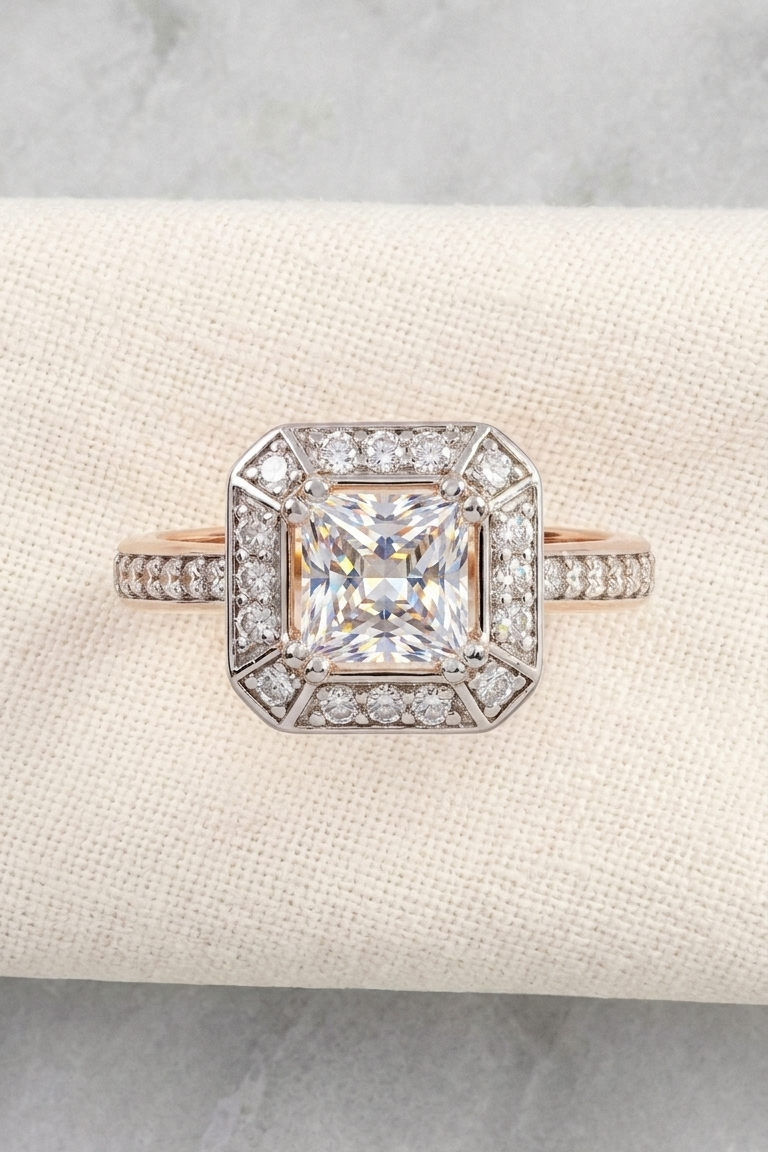 1.51 Ct Rosalinda with Princess Solitaire and Halo on a Pave Ring in Ring Size 9