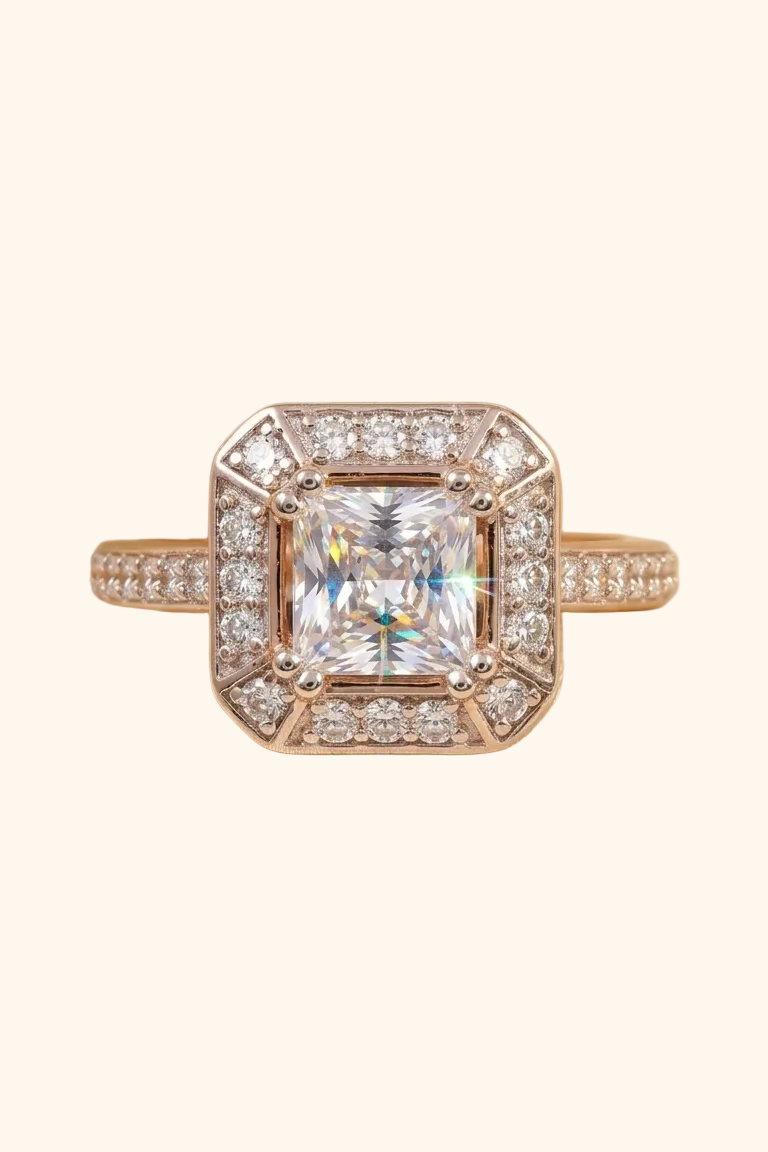 Rosalinda with Princess Solitaire and Halo on a Pave Ring