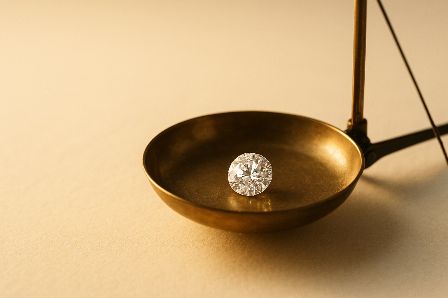 A one carat round brilliant diamond resting on a small brass jeweller's balance scale