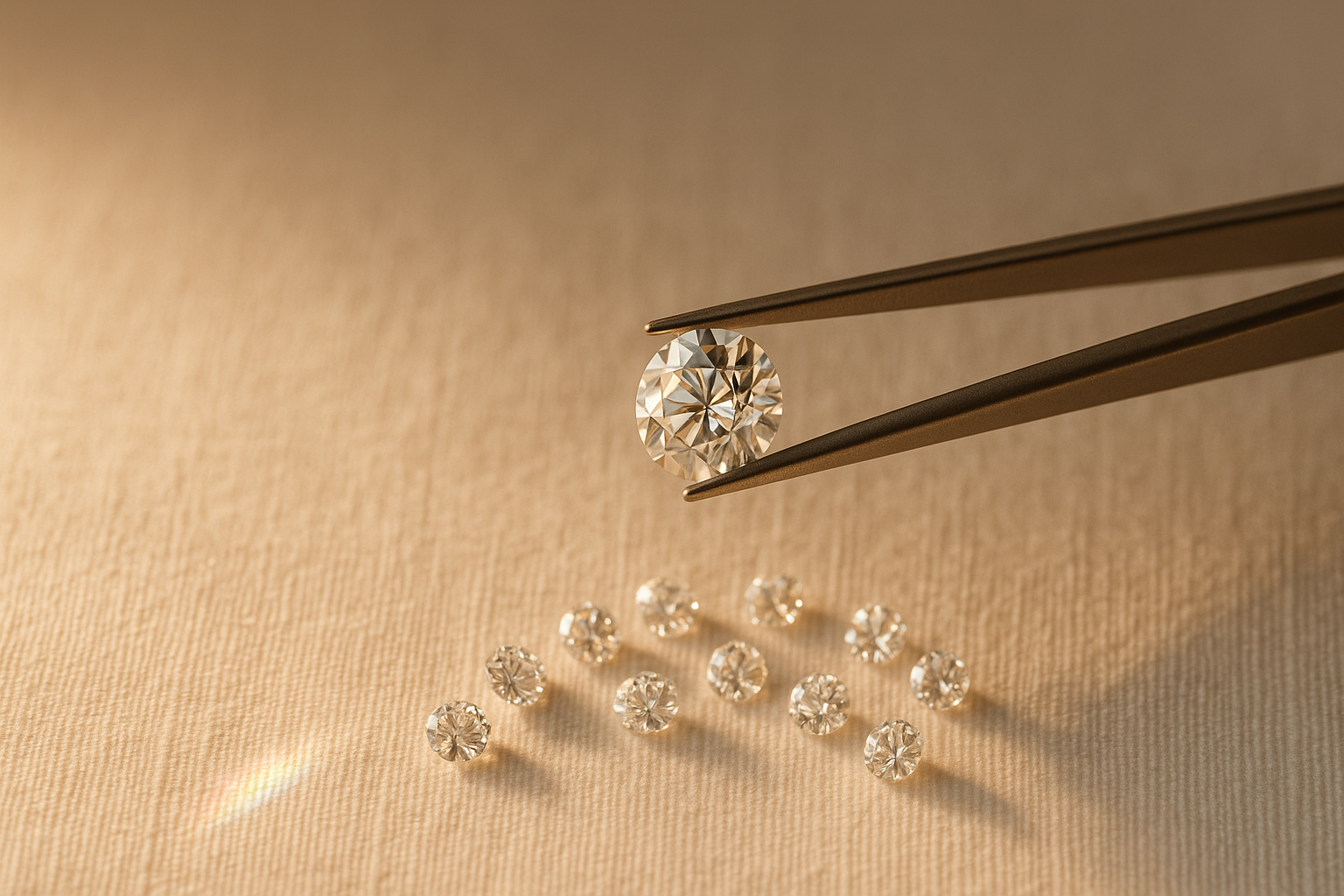 A round brilliant lab grown diamond held in jeweller's tweezers above scattered loose diamonds on ivory linen