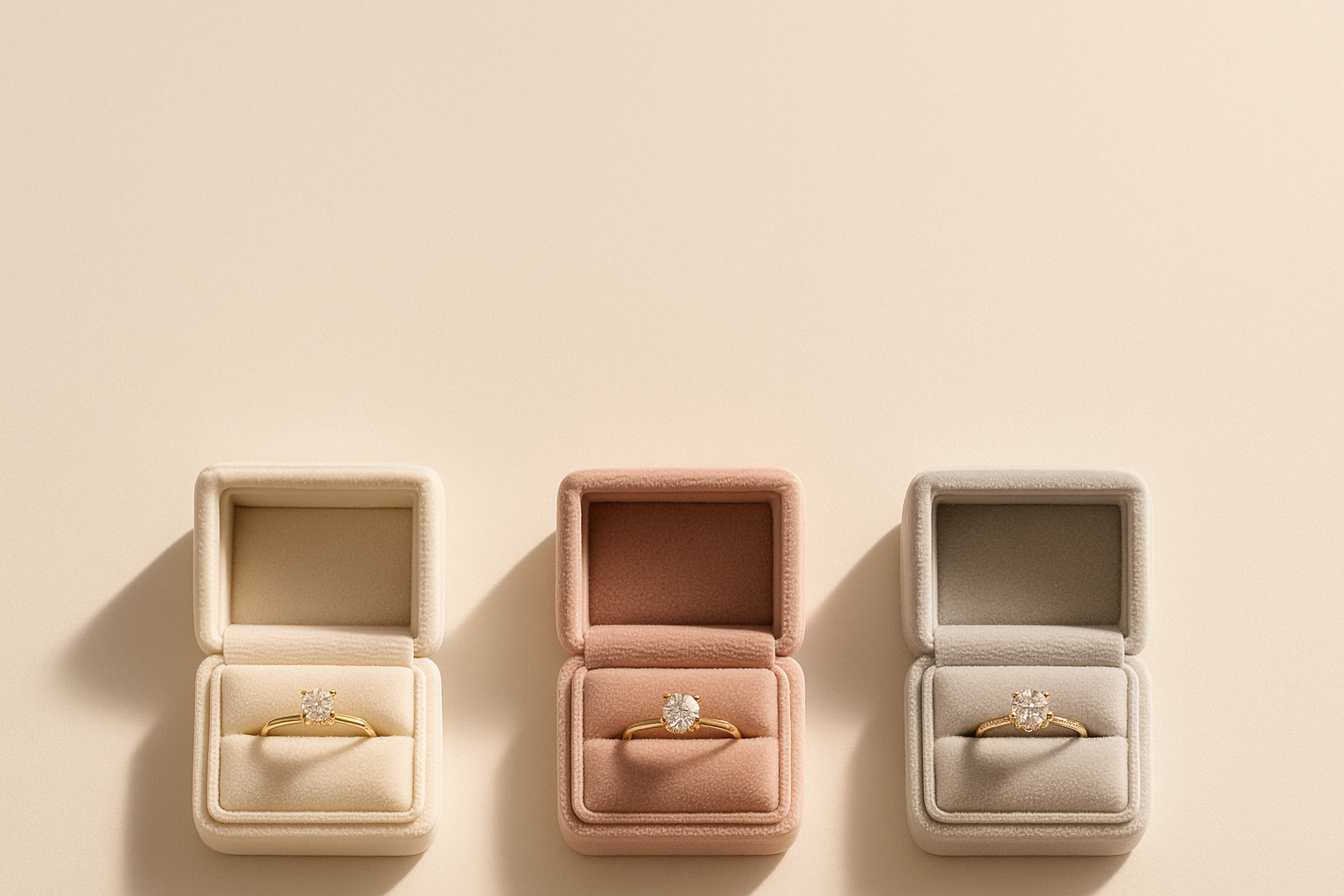 Three open jewellery boxes in cream, blush and grey, each holding a gold diamond ring