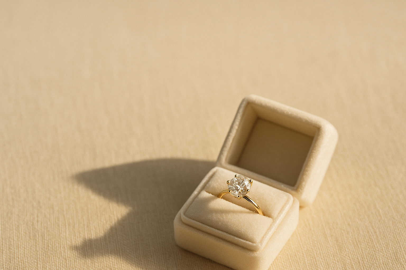 A classic gold six prong lab grown diamond engagement ring in an open cream velvet box