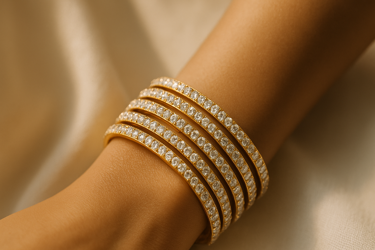 A stack of diamond-studded gold bangles on a wrist