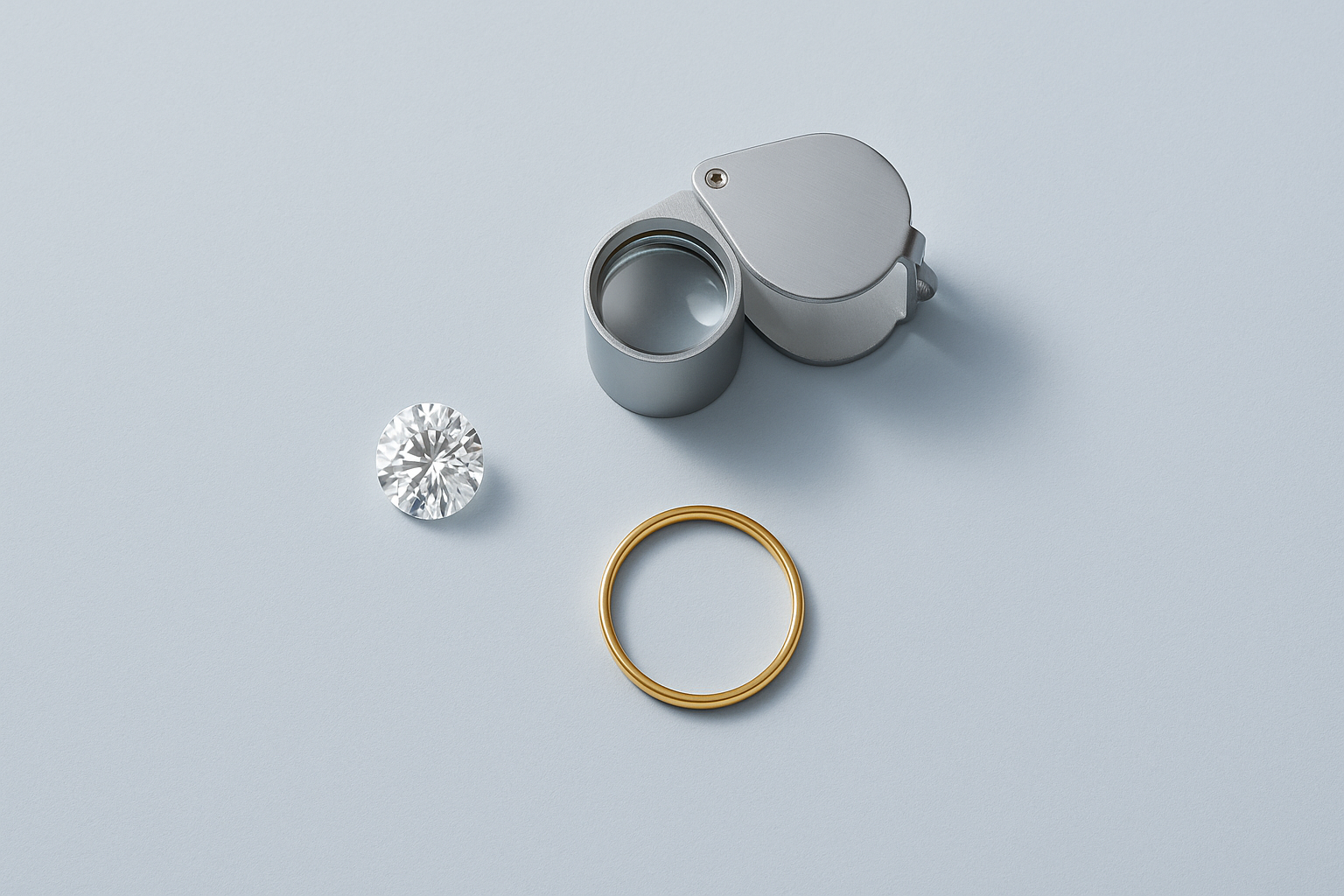 Loose round brilliant diamond with a jeweller's loupe and a thin gold band on a pale blue surface.