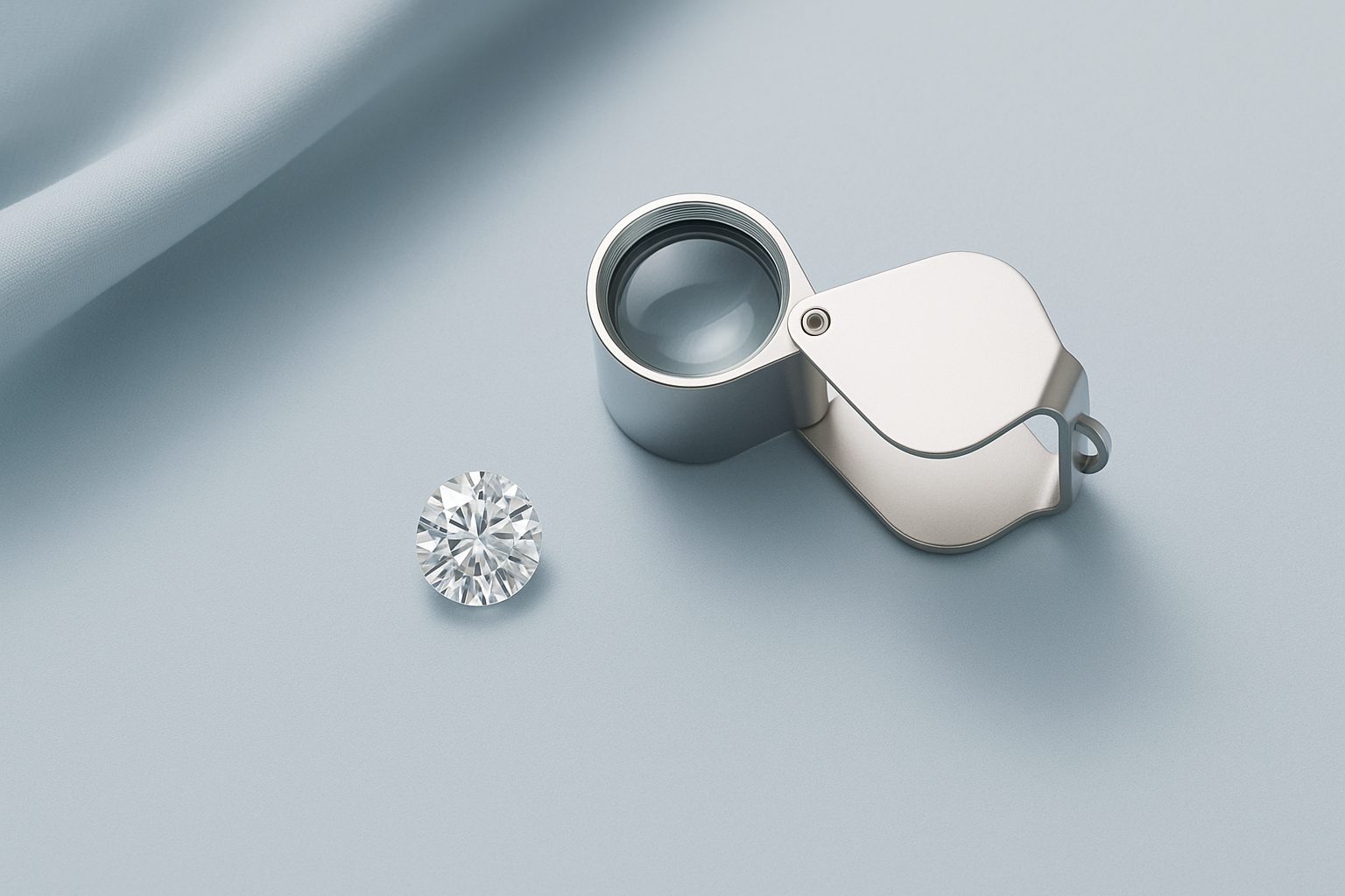 A single lab grown diamond beside fine jeweller's tools on a pale blue surface representing key diamond terms.