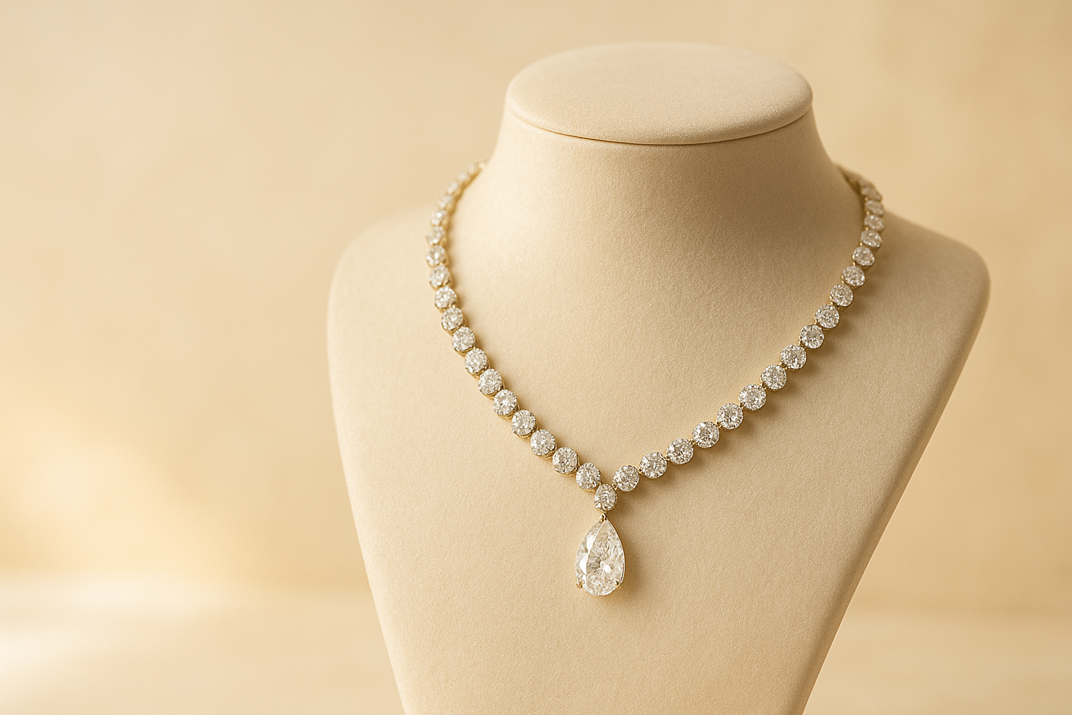 A diamond necklace draped on a velvet display bust