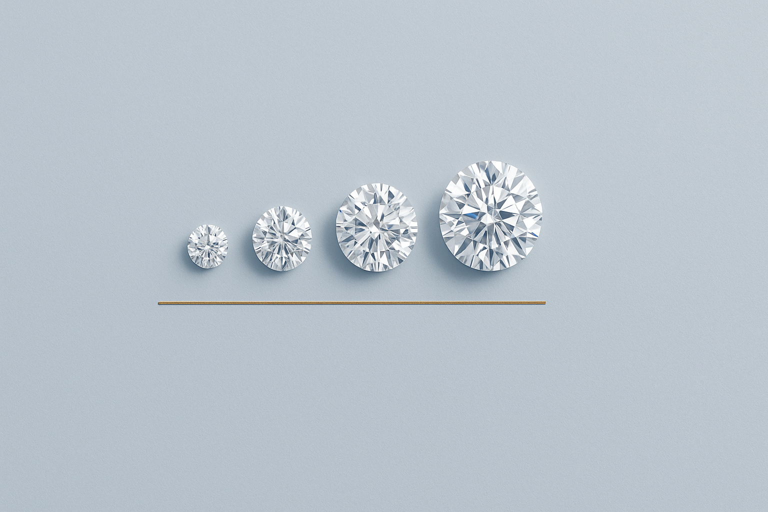 Four loose round brilliant diamonds arranged by increasing size on a pale blue surface.