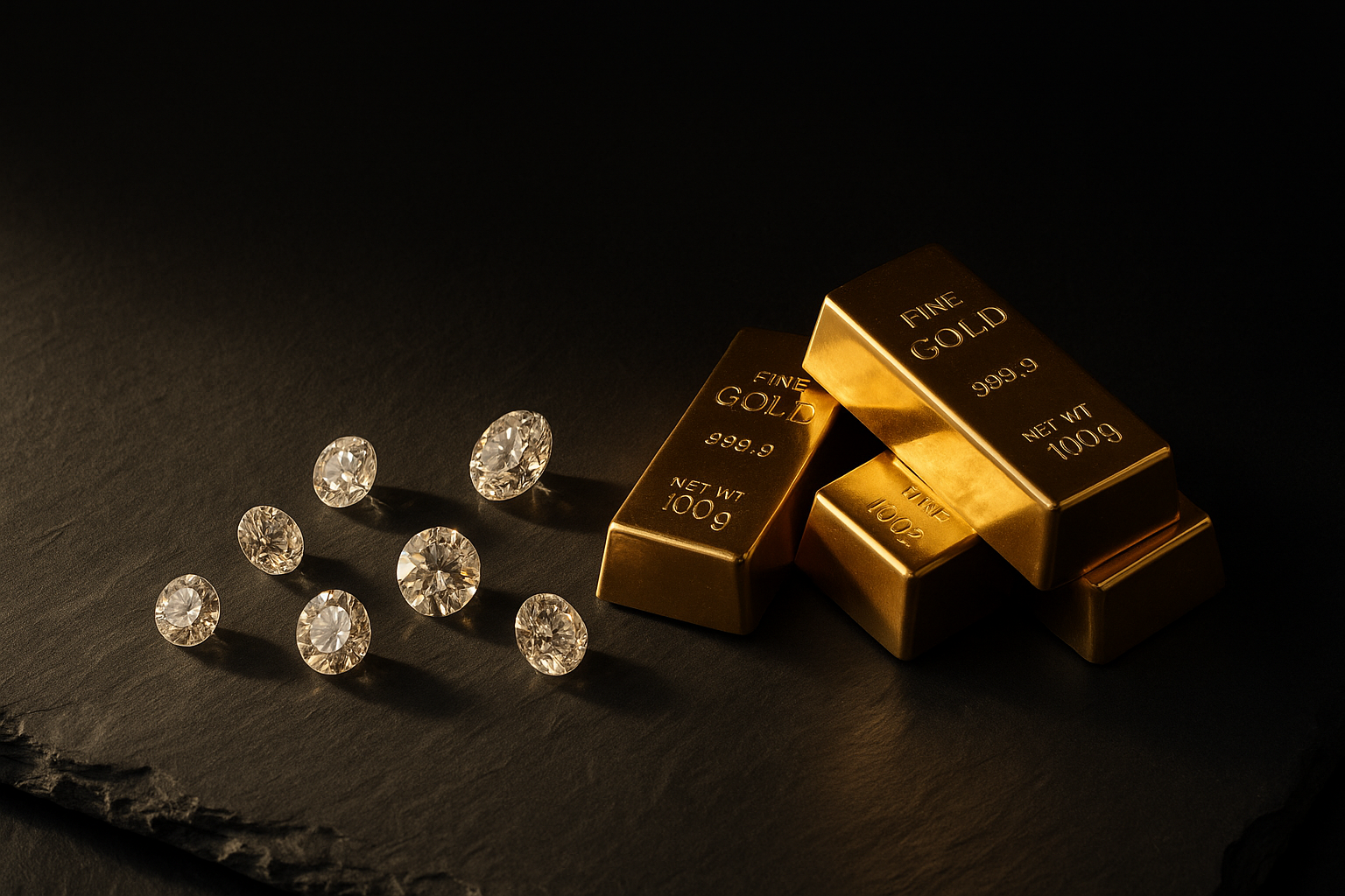 Loose diamonds and small gold bars arranged on a dark slate surface