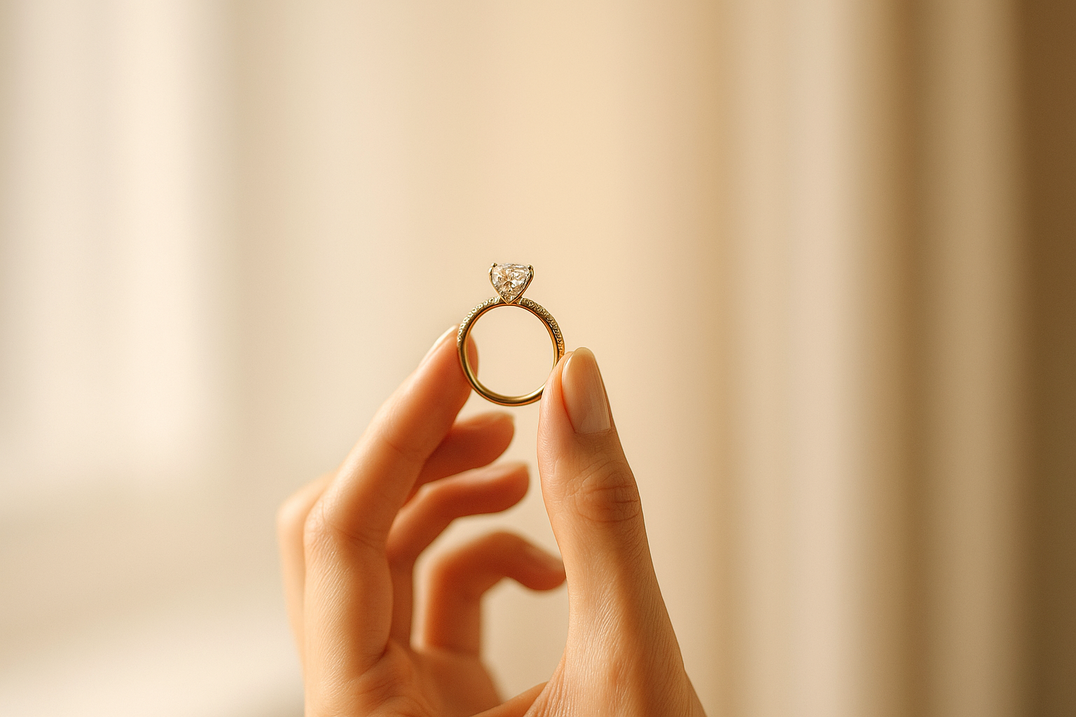 A woman examining a diamond ring by soft window light