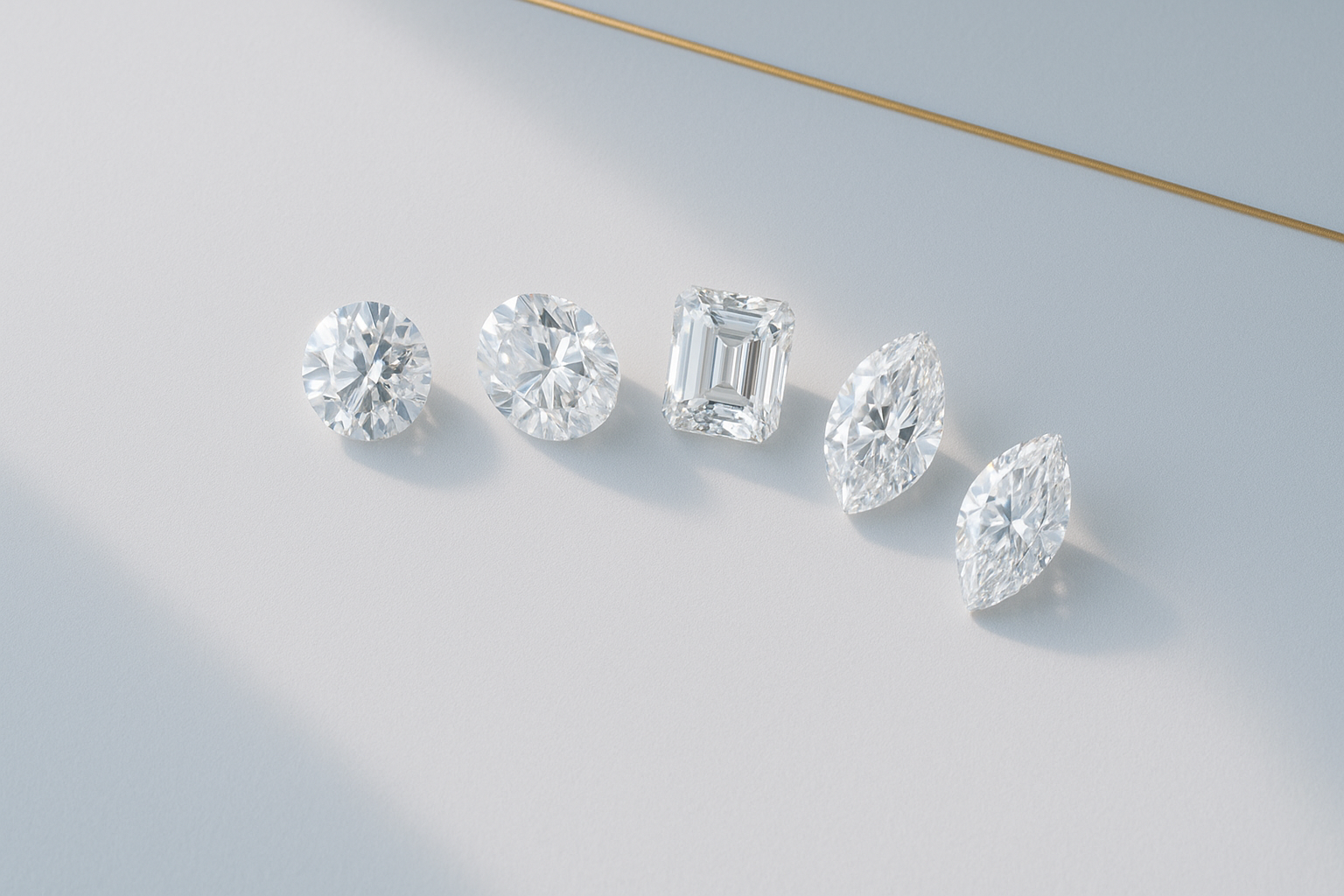 A selection of lab grown diamonds cut in different shapes including round, oval, princess, emerald, cushion and pear on a pale blue surface.