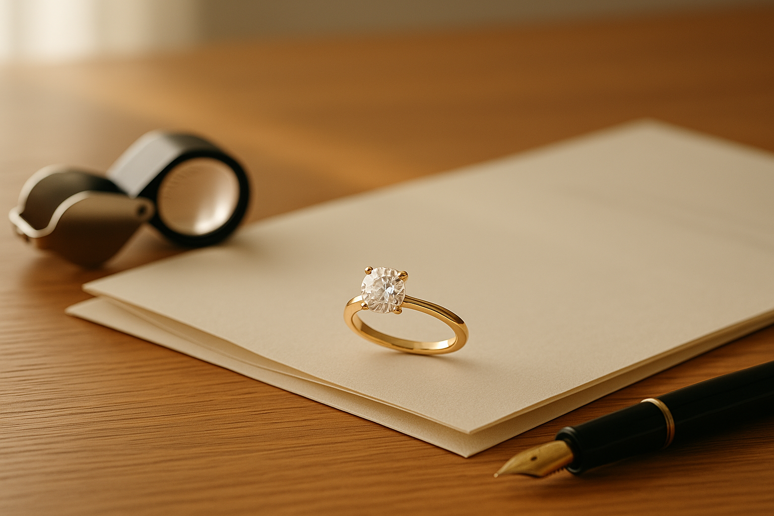 A gold lab grown diamond solitaire ring resting on folded documents beside a loupe and a fountain pen