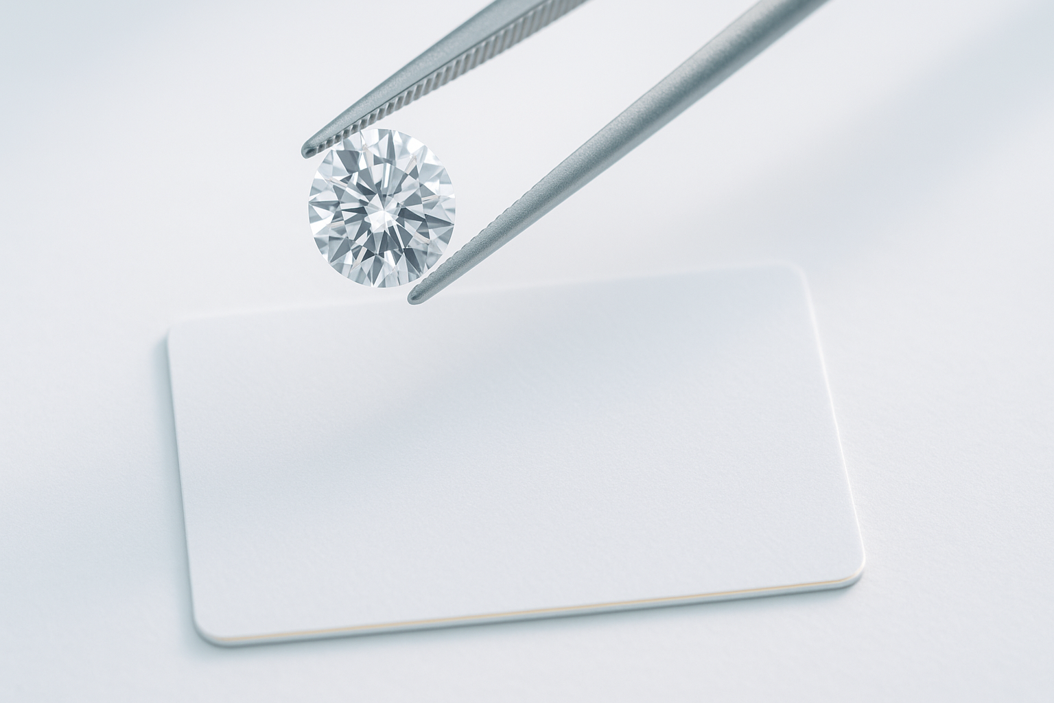 Round brilliant diamond held in jeweller's tweezers above a blank grading certificate card.