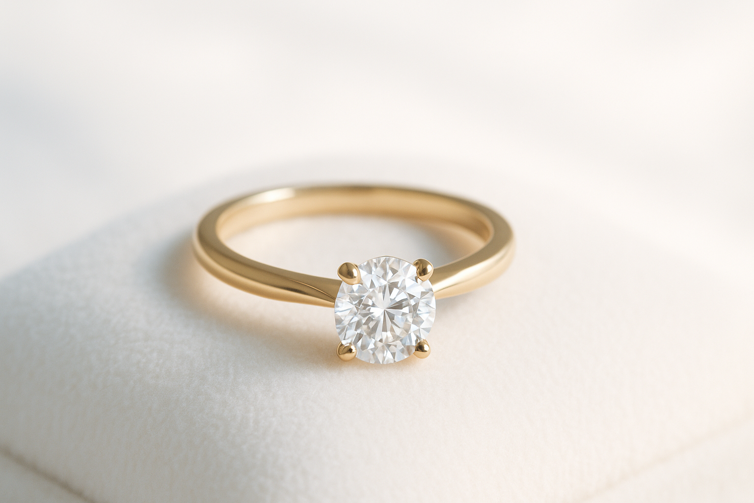 Warm gold solitaire lab grown diamond engagement ring photographed at a three-quarter angle.