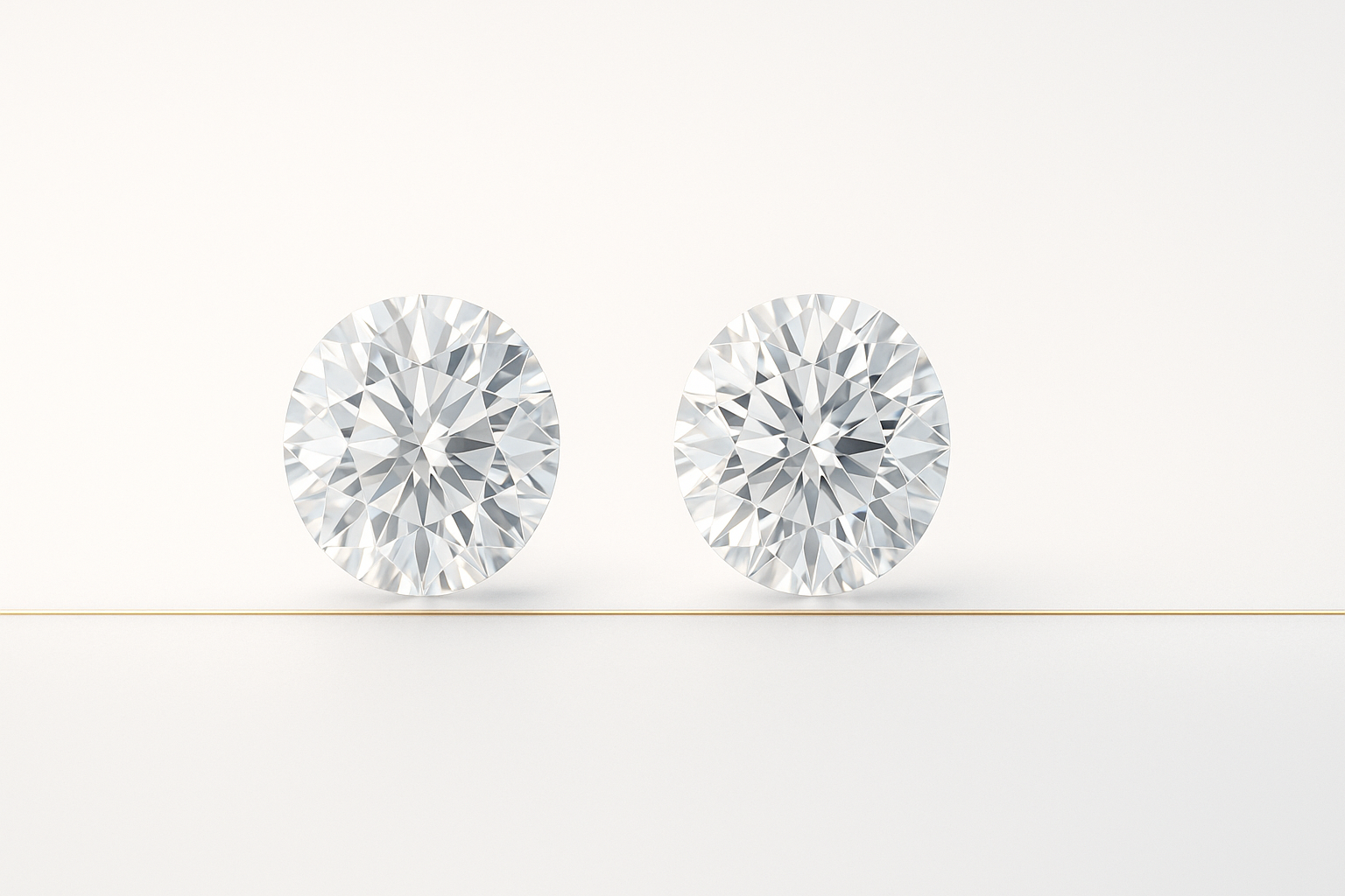 Two matched round brilliant diamonds side by side, one representing lab grown and one natural.