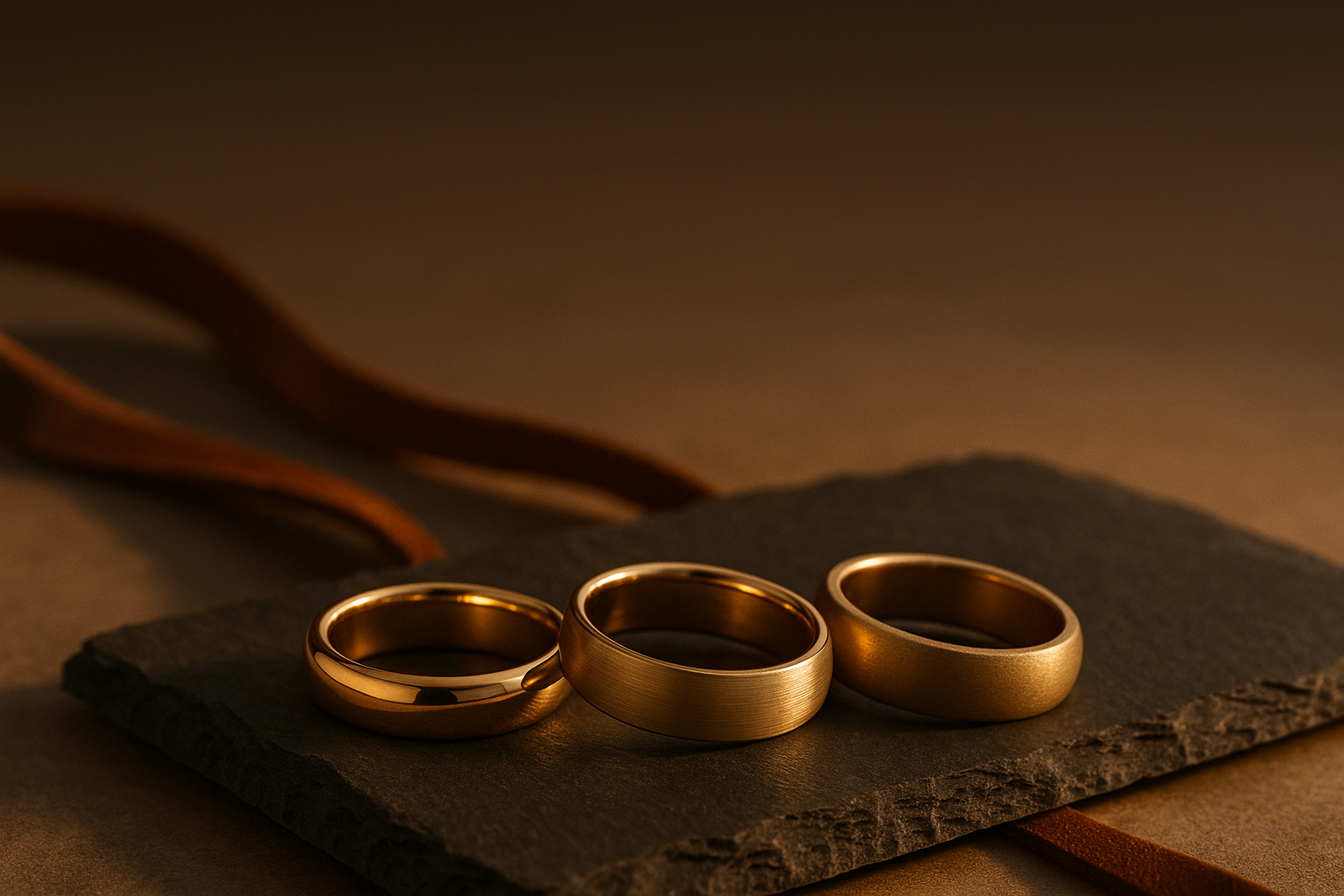 Three men's round profile gold bands in polished, brushed and matte finishes on dark slate