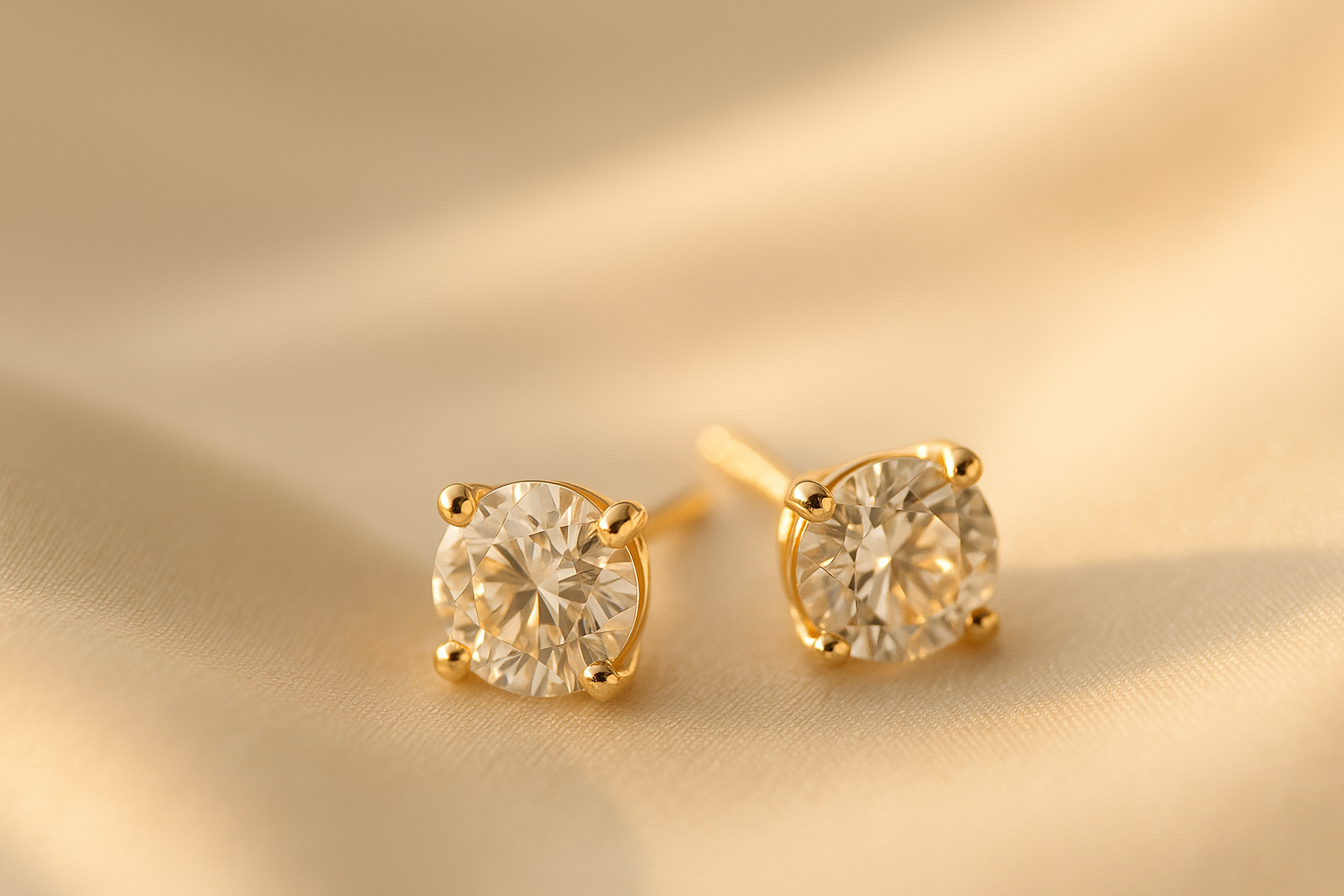 A matched pair of round solitaire diamond stud earrings in gold four prong settings on ivory silk