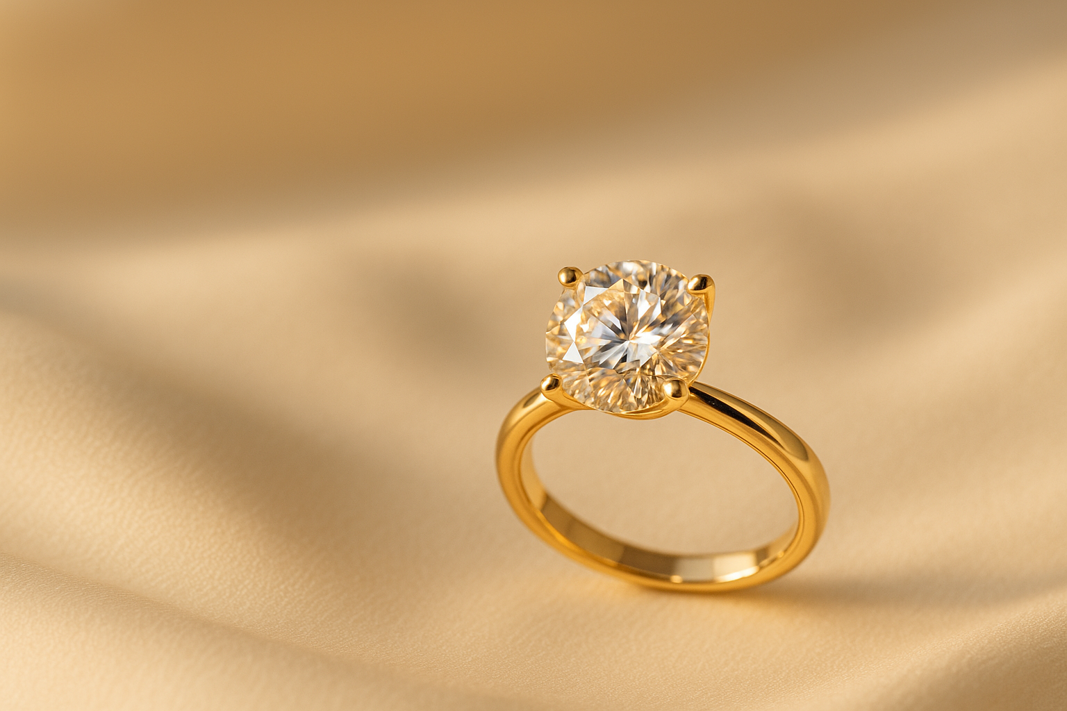 A round brilliant solitaire diamond ring in a four prong gold setting resting on ivory silk in warm golden hour light