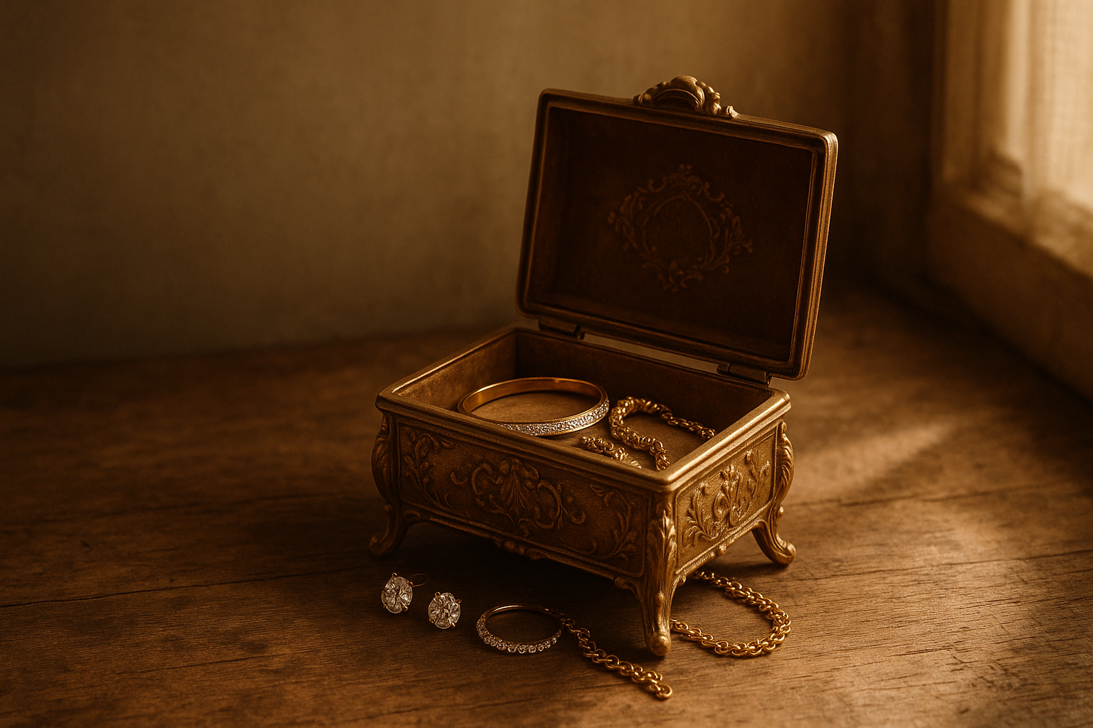 Heirloom gold jewellery box open on aged wood, evoking Varniya's jewellery heritage since 1900
