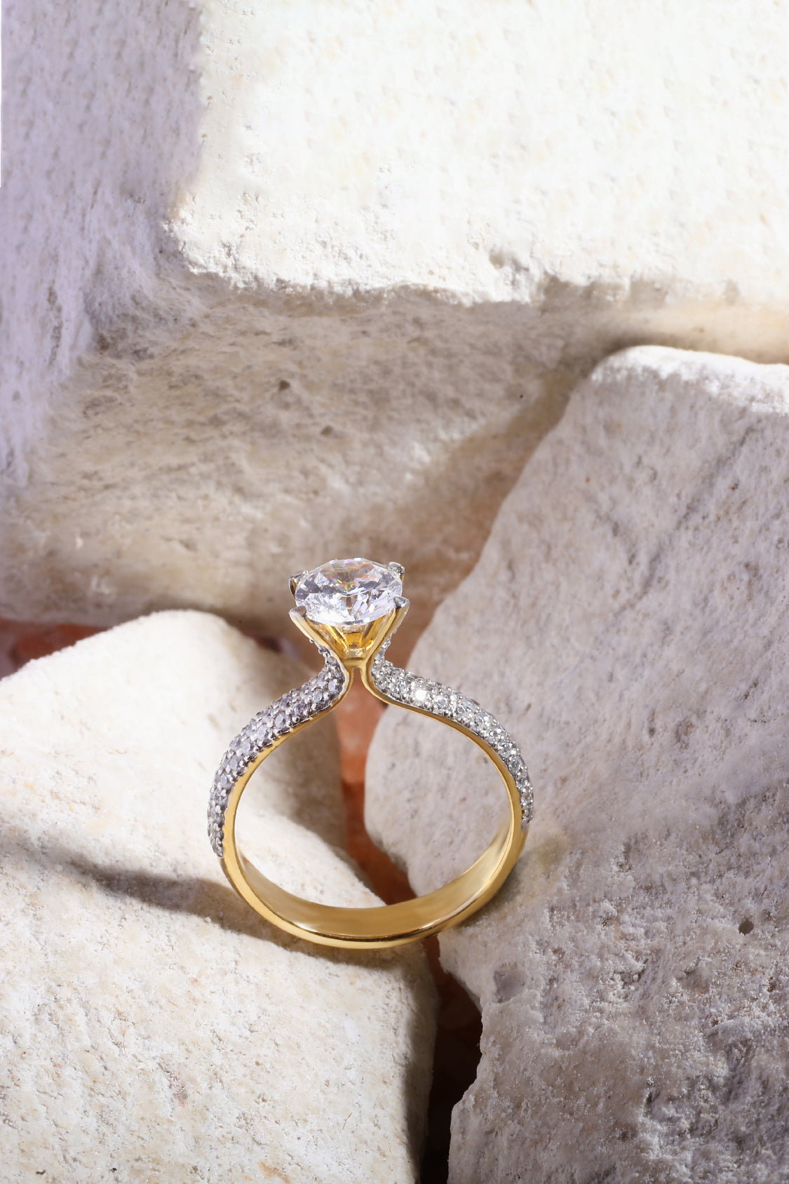 AURORA TRIPLE PAVÉ RING WITH A ROUND SOLITAIRE