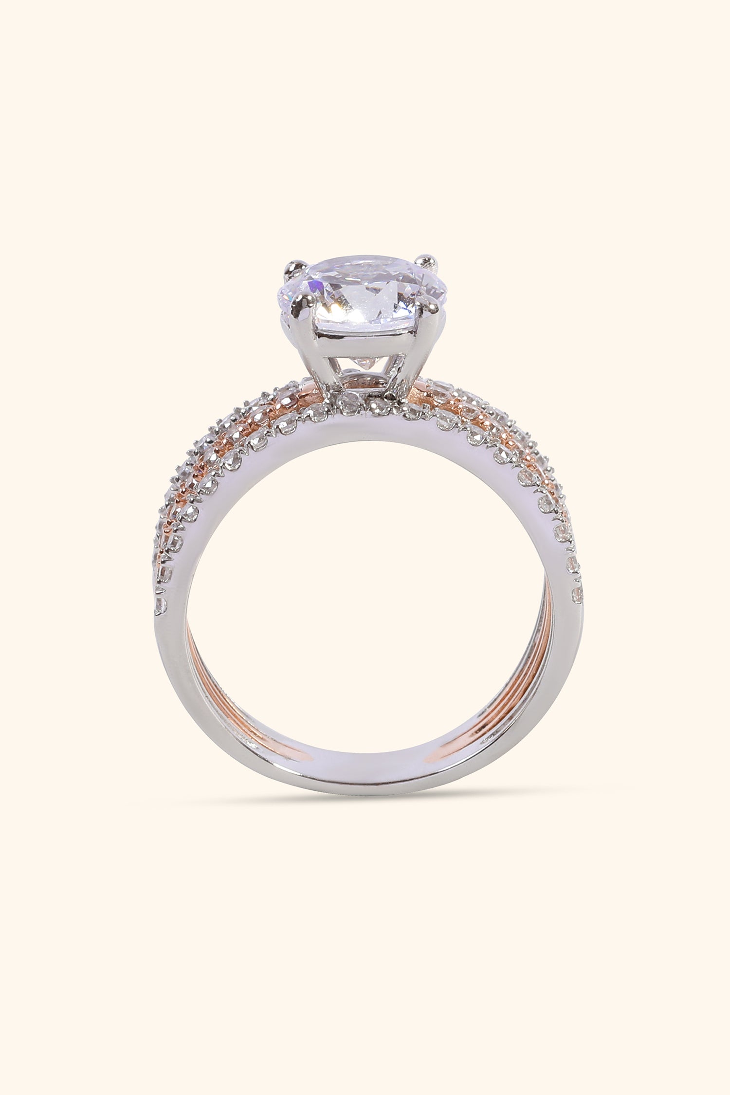 Estrella Triple Pave Ring with a Round Solitaire