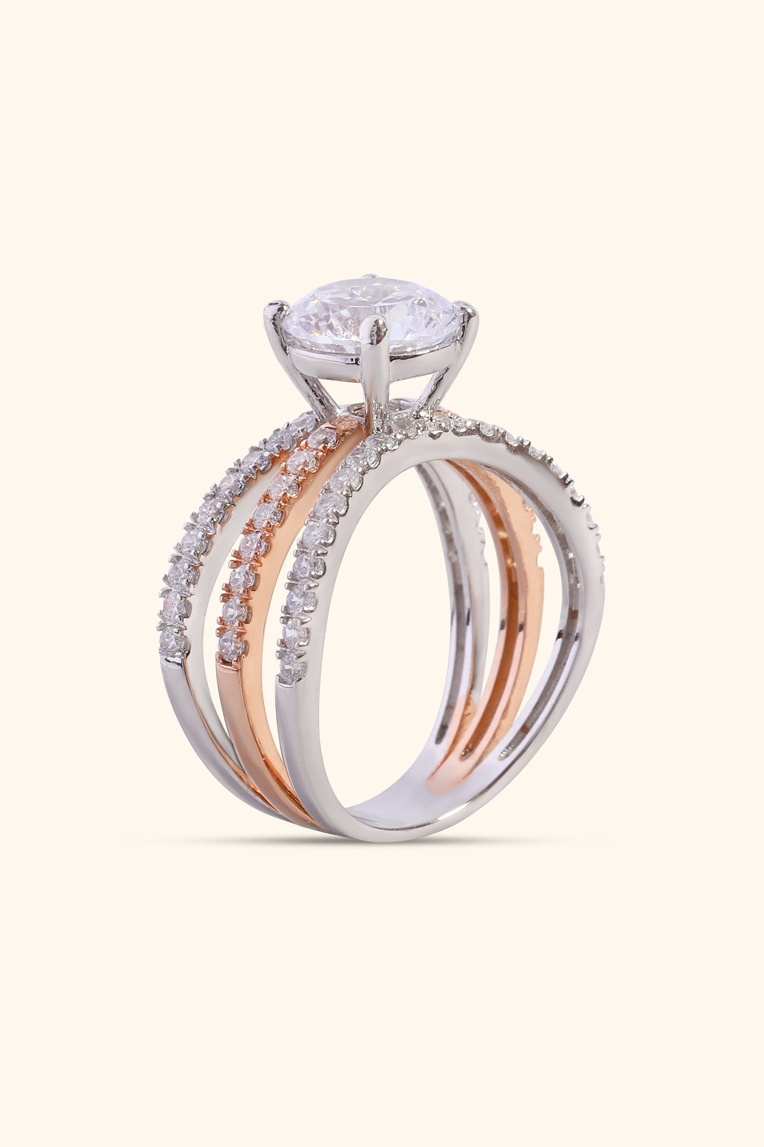 ESTRELLA TRIPLE PAVE RING WITH A ROUND SOLITAIRE