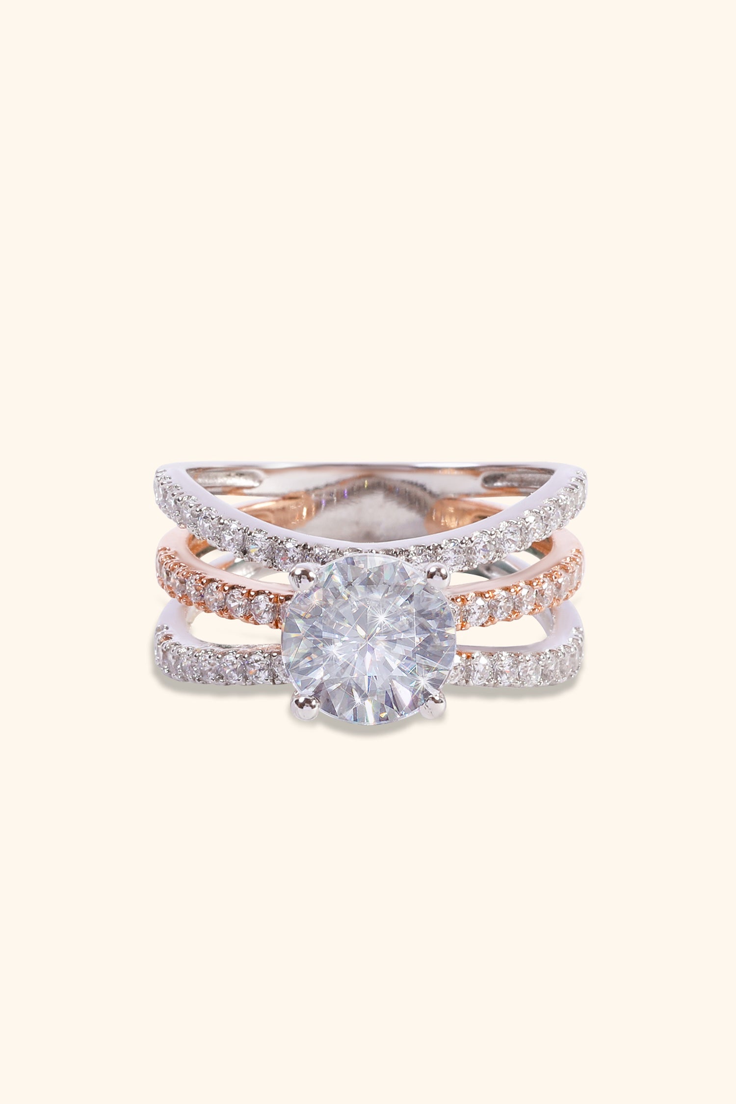 ESTRELLA TRIPLE PAVE RING WITH A ROUND SOLITAIRE