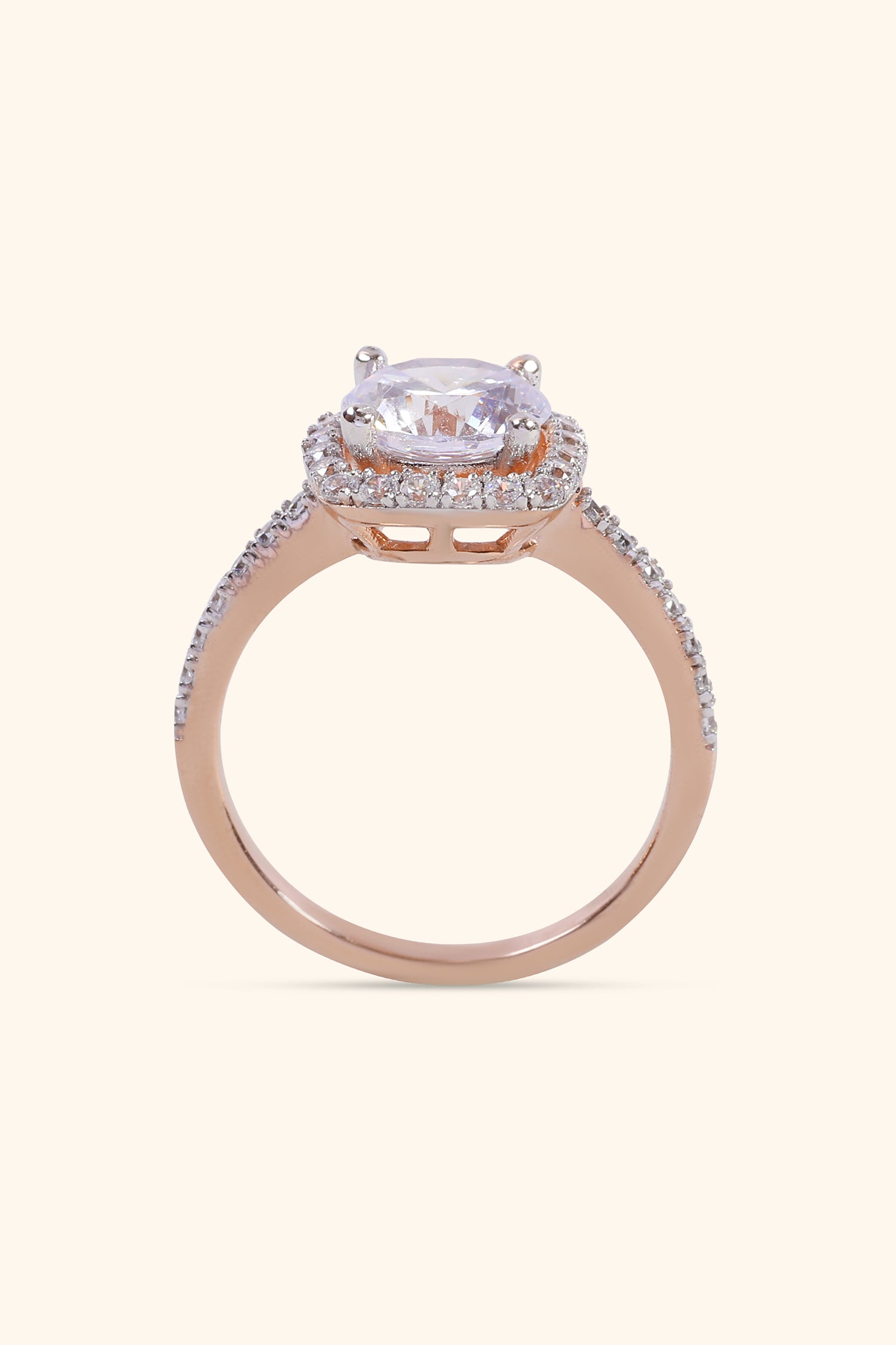 Rosalinda with Round Brilliant Solitaire and Halo on a Pave Ring