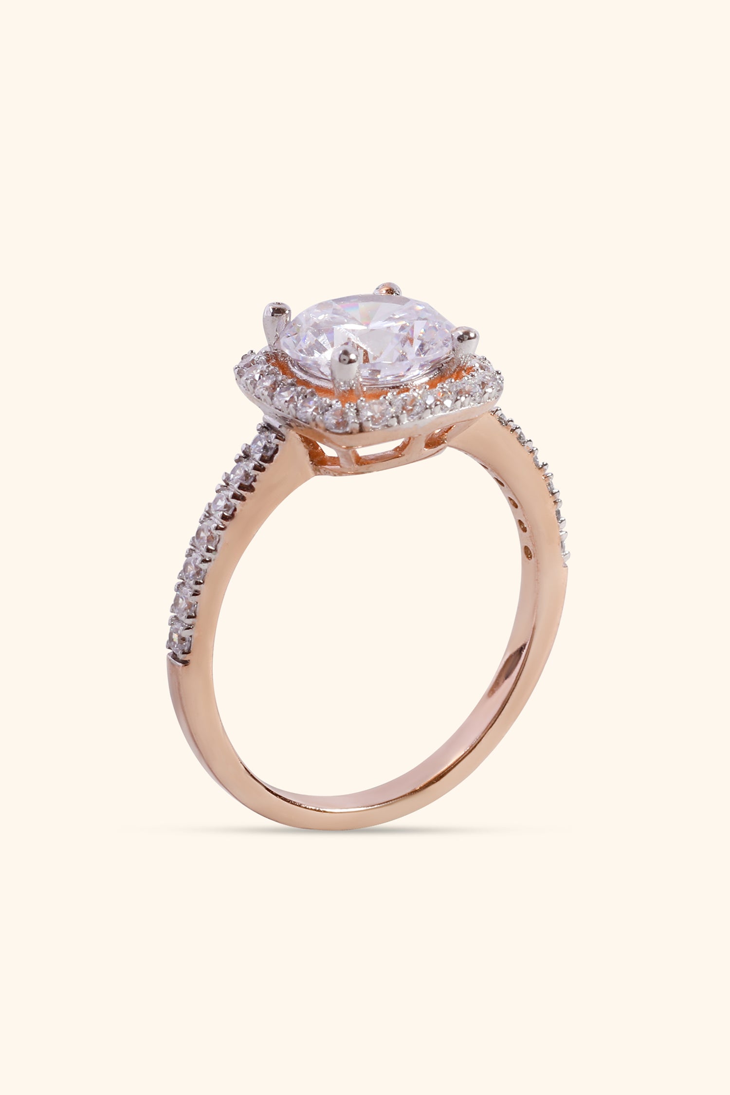 Rosalinda with Round Brilliant Solitaire and Halo on a Pave Ring