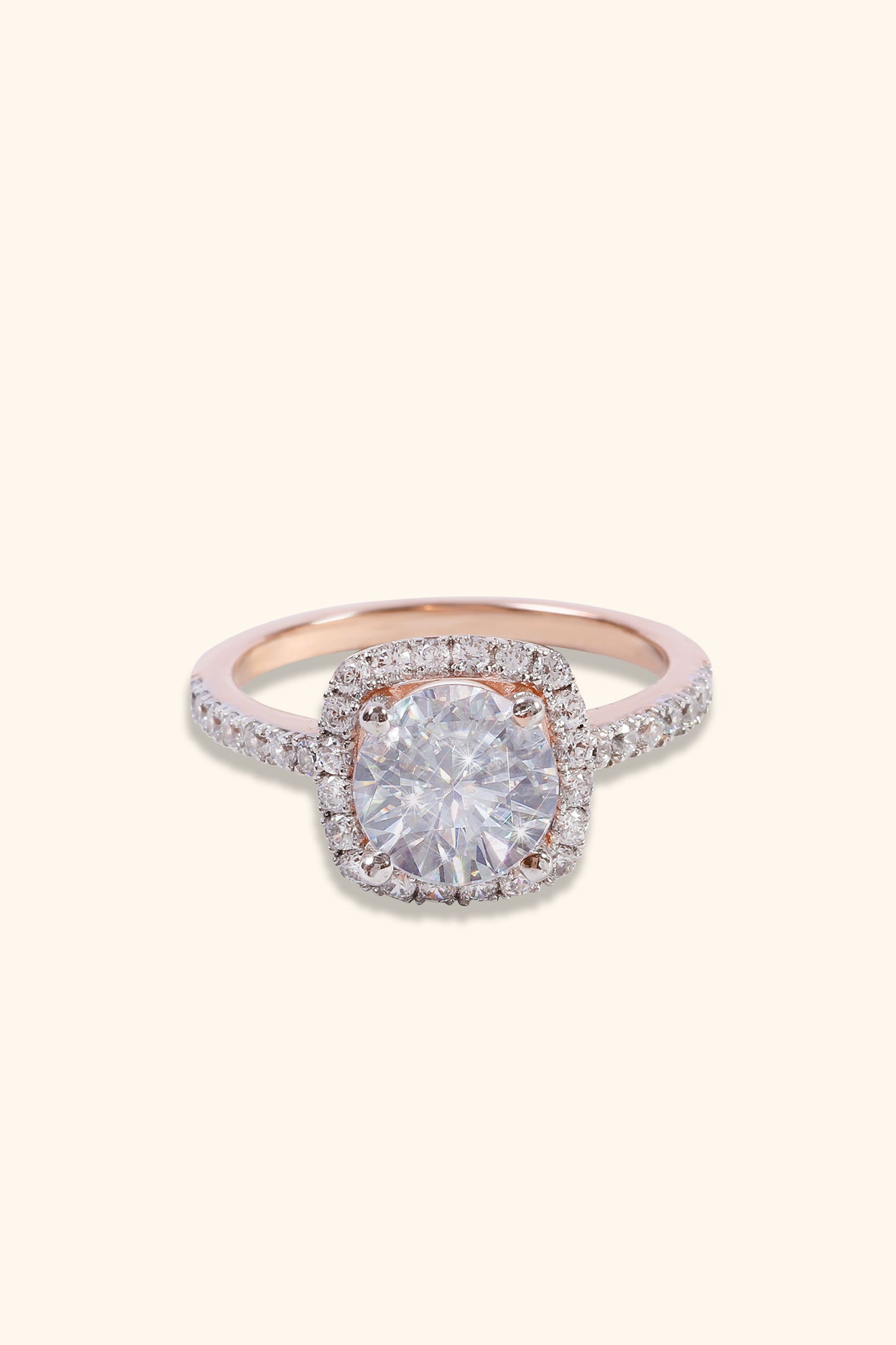 Rosalinda with Round Brilliant Solitaire and Halo on a Pave Ring