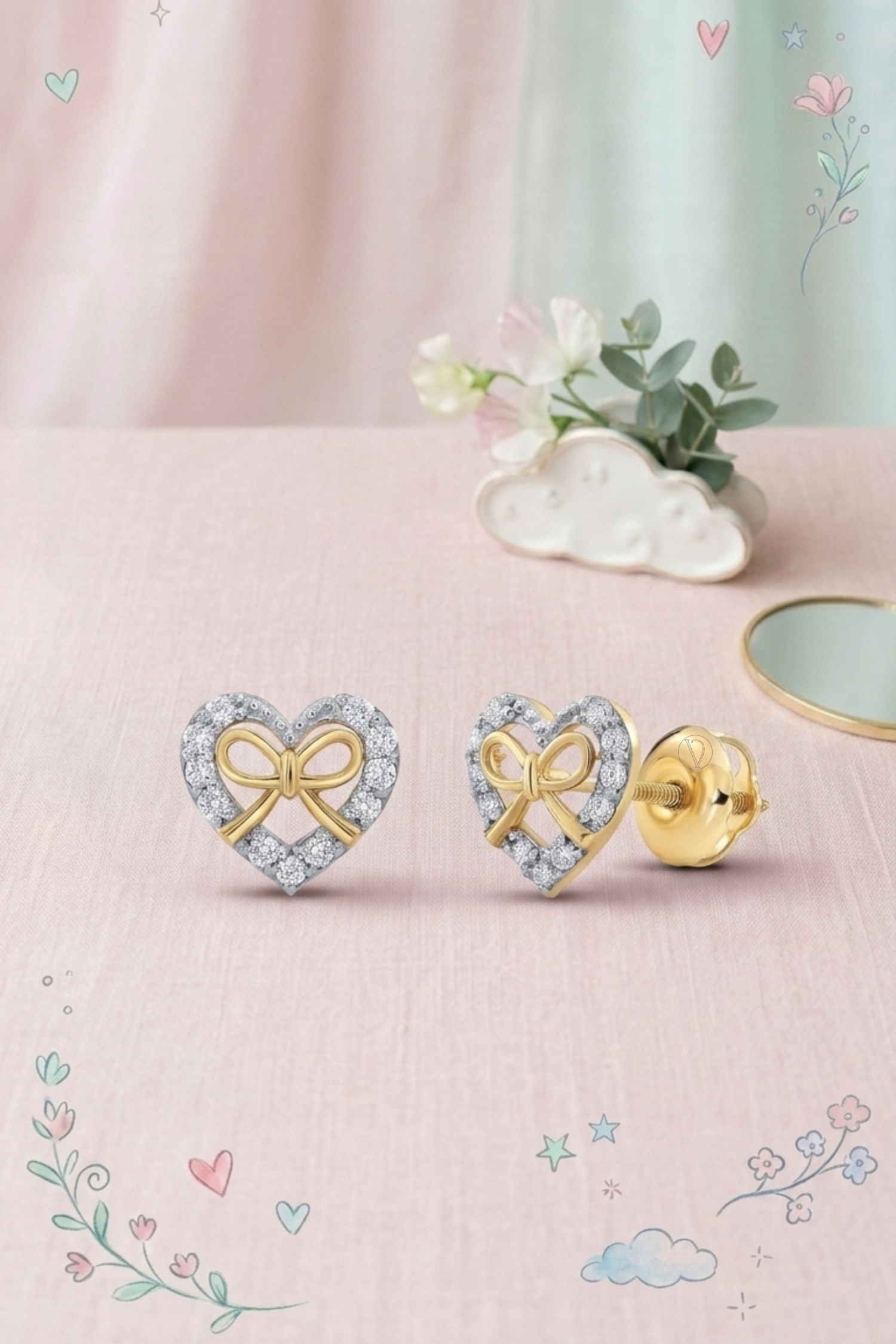 Kids Diamond Heart Ribbon Earrings