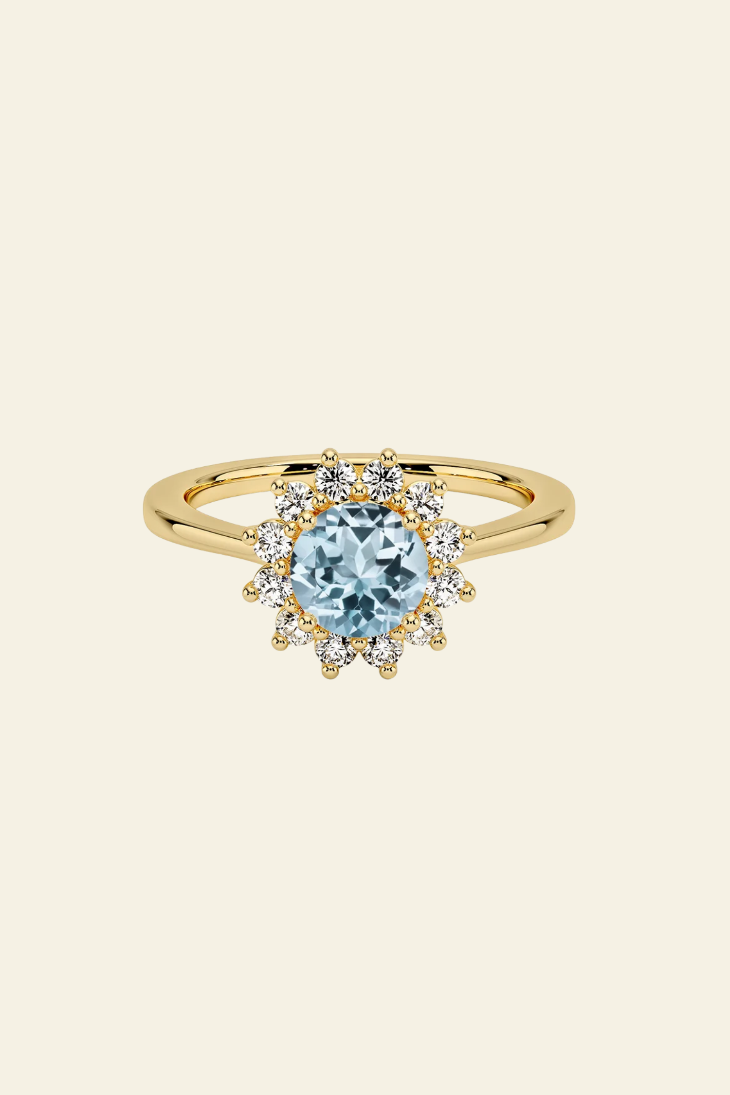 Celeste Aquamarine Round Brilliant Sunburst Halo Ring