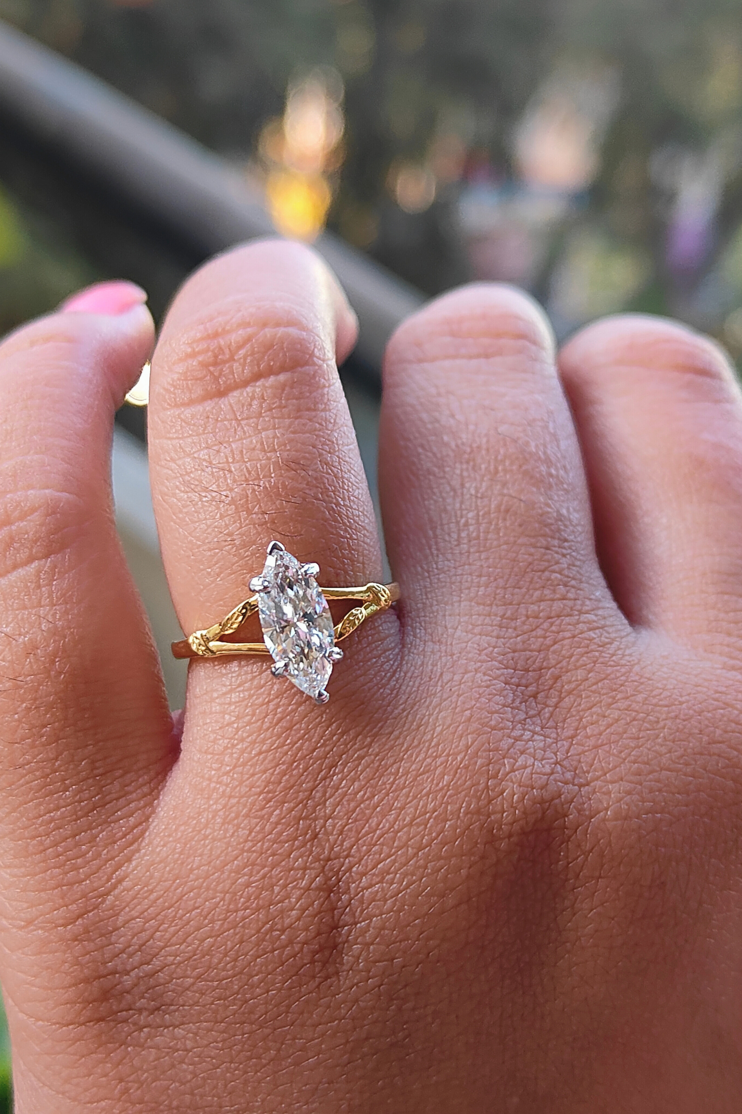 Marquise Leaf Engraved Engagement Ring