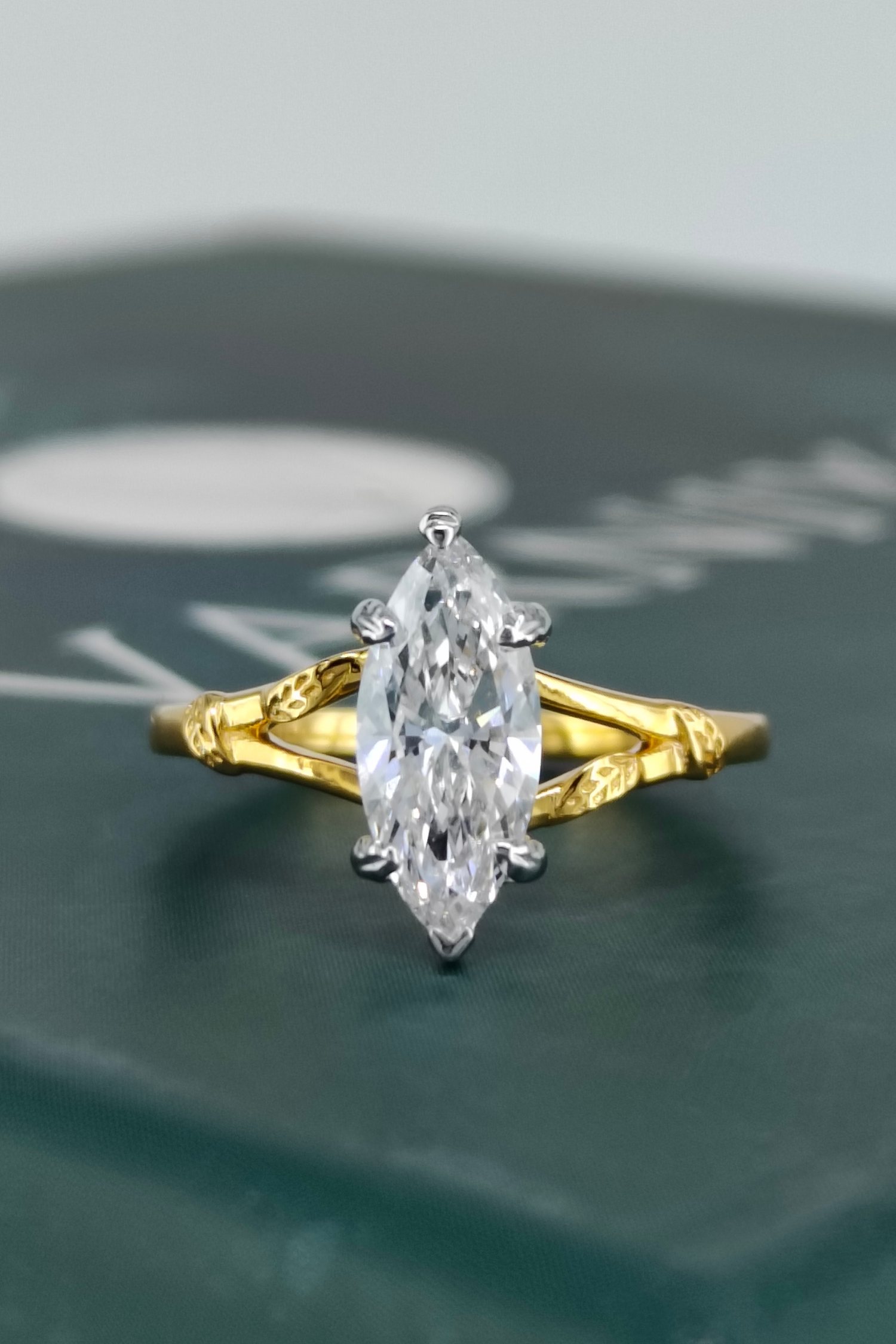 Marquise Leaf Engraved Engagement Ring