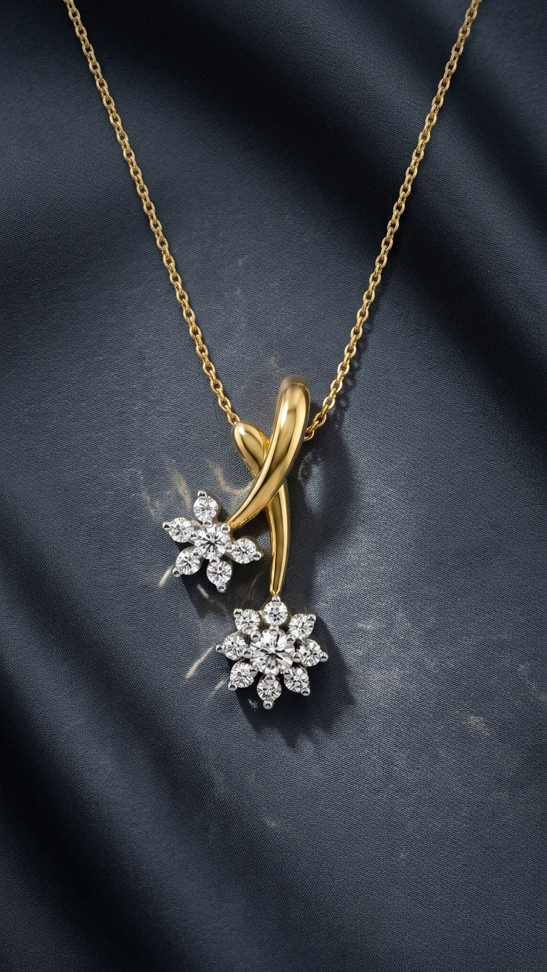 A gold chain necklace with a twisted gold bail holding two flower-shaped pendants, one in yellow gold and one in white gold or platinum set with clear stones, displayed on a dark textured fabric background.